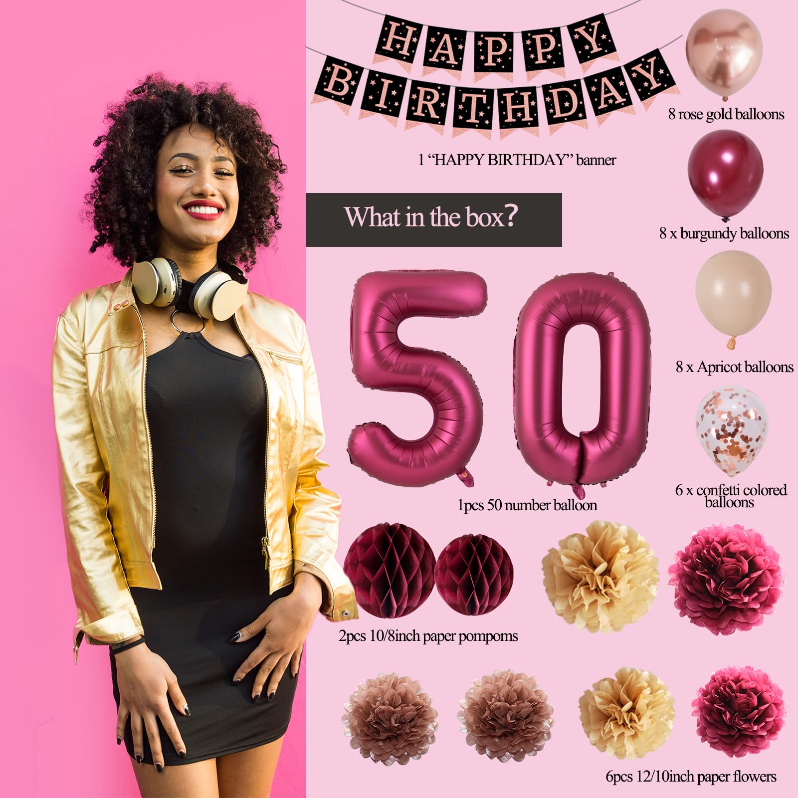 50th Birthday Party Decorations for Women - Burgundy Gold Happy Birthday Supplies with Confetti Balloons & Paper Pompoms | Perfect for Milestone Celebrations, Retirement Parties & Surprise Gatherings