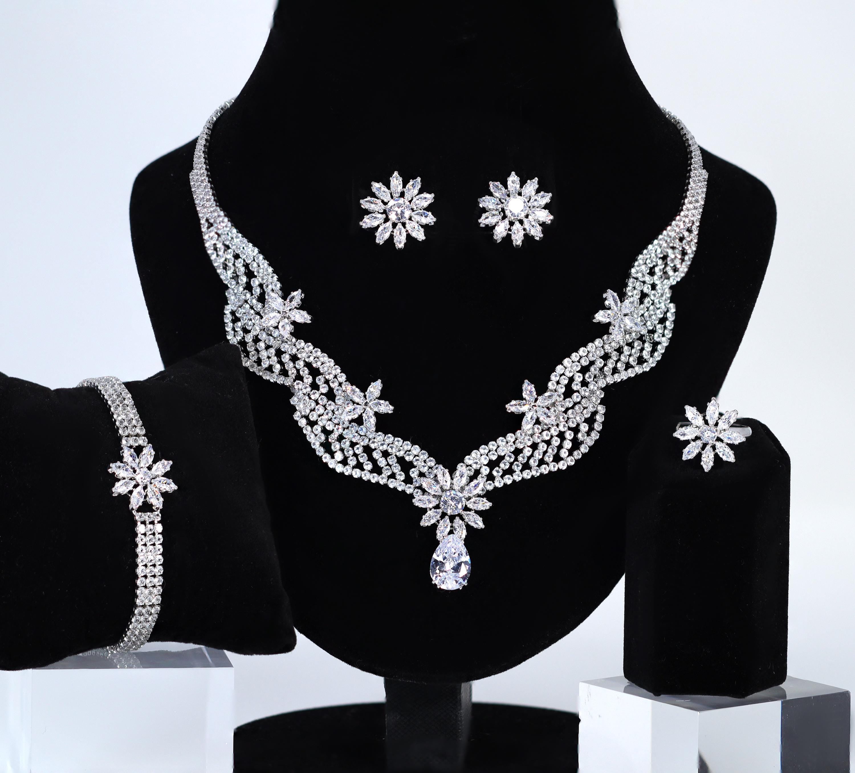 Swarovski Crystal Floral Wave Drop Elegance Diamond Necklace Set - Wedding Bridal Jewelry for Bride, Party, Anniversary & Special Occasions