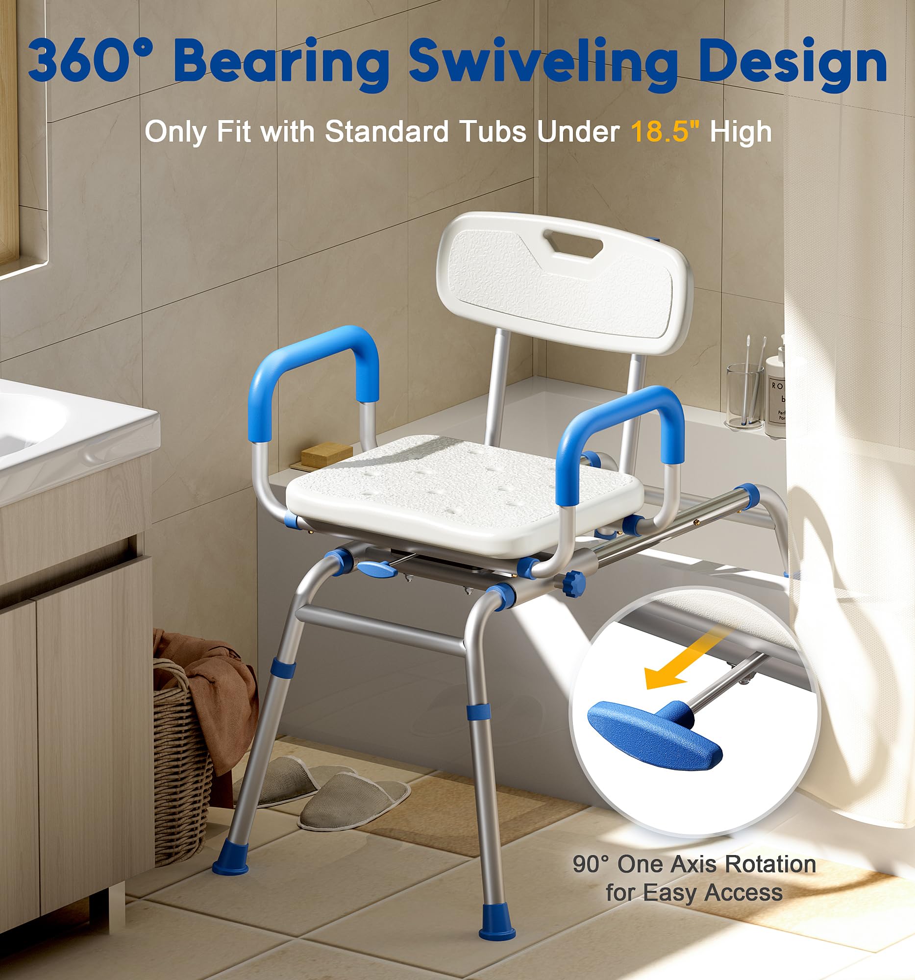 FSA/HSA Eligible Sliding Shower Chair with Extra-Wide 360° Swivel Seat - 330lbs Weight Capacity Tub Transfer Bench with Non-Slip Padded Arms & Adjustable Height - Ideal for Elderly & Disabled Bath Safety - Perfect for Shower, Bathtub & Bathroom Mobility Assistance