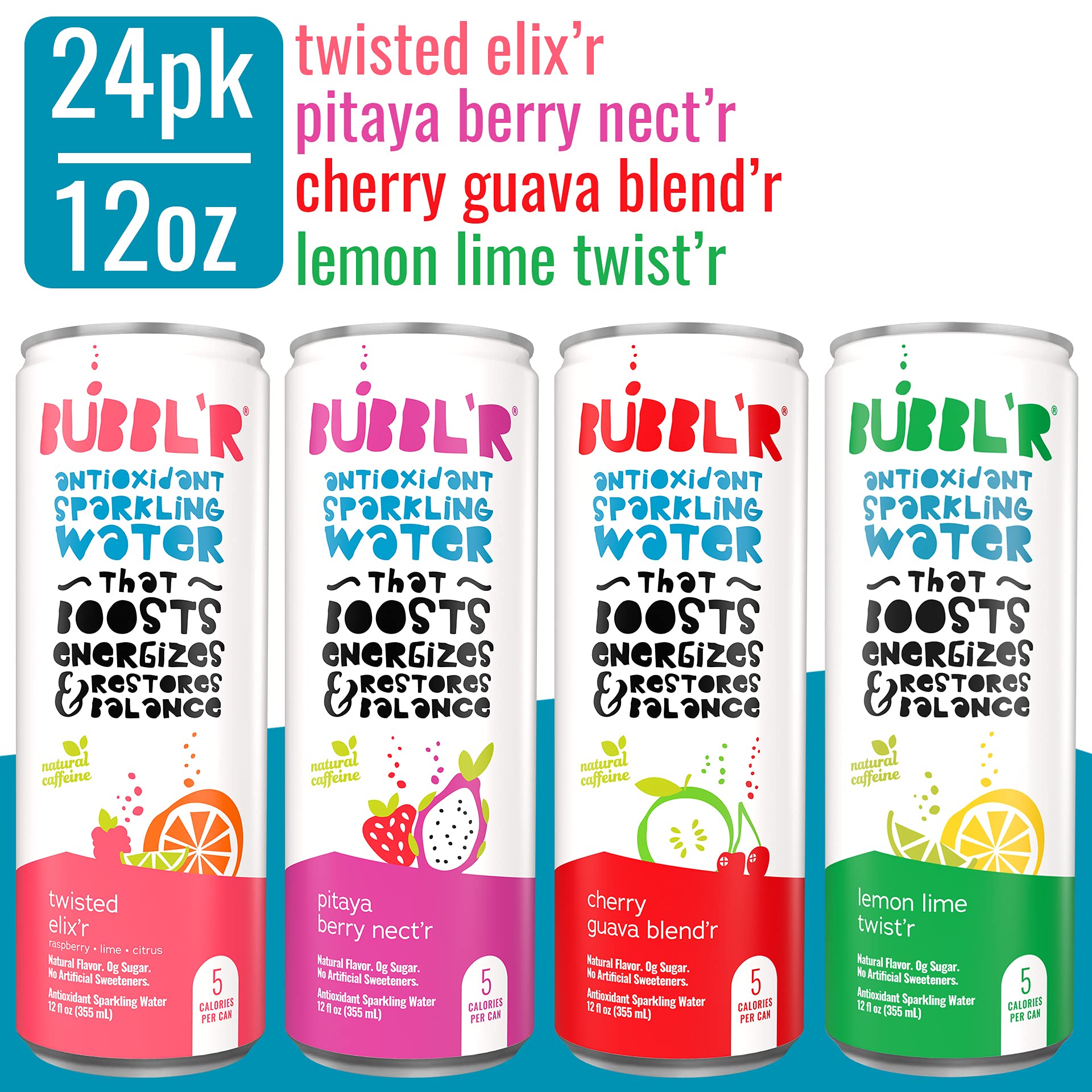 BUBBL'R Antioxidant Sparkling Water Variety Pack - 24 Cans (12 fl oz Each) | Twisted Elixi'r, Pitaya Berry Nect'r, Cherry Guava Blend'r & Lemon Lime Twist'r | Refreshing Hydration for Workouts, Parties & Healthy Lifestyle