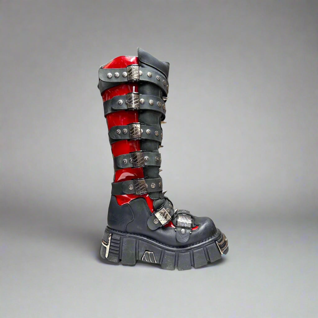 New Rock M.151 Red 7 Strap Boots - Punk Gothic Combat Boots for Men & Women - Perfect for Concerts, Cosplay & Alternative Fashion