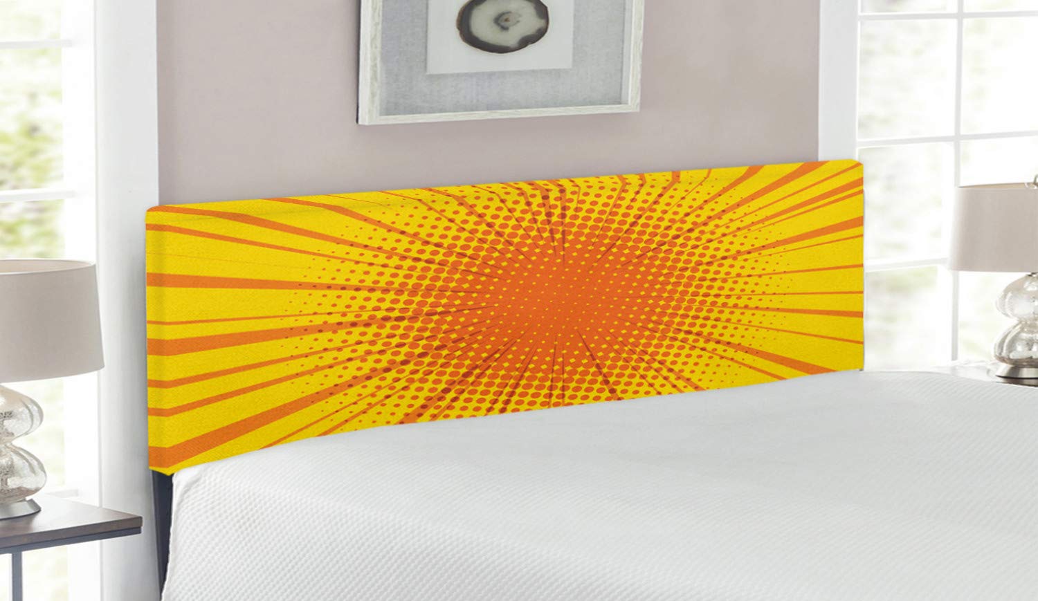 Ambesonne Vintage Yellow Upholstered Headboard - Sun Burst Halftone Pop Art Design, Memory Foam Padding, Queen Size Metal Bed Frame in Orange & Yellow | Perfect for Retro Bedroom Decor, Comic Book Theme Rooms & Mid-Century Modern Interiors