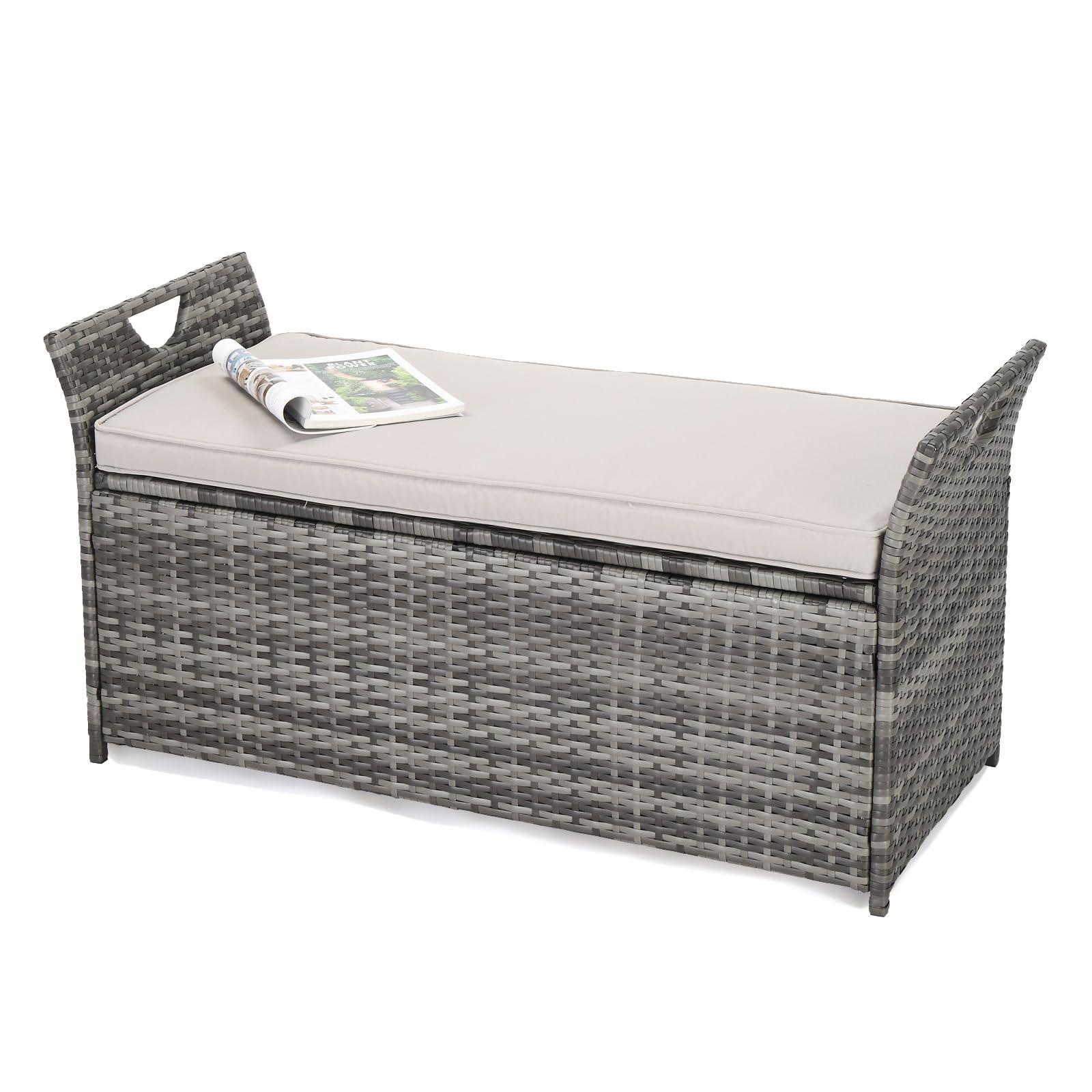 VINGLI 40 Gallon Outdoor Storage Bench with Cushion - Rattan Patio Wicker Deck Box with Seat for Garden, Balcony, Porch, Pool & Yard | Weather-Resistant Grey Frame & Light Grey Cushion | Perfect for Outdoor Seating, Blanket Storage & Poolside Organization