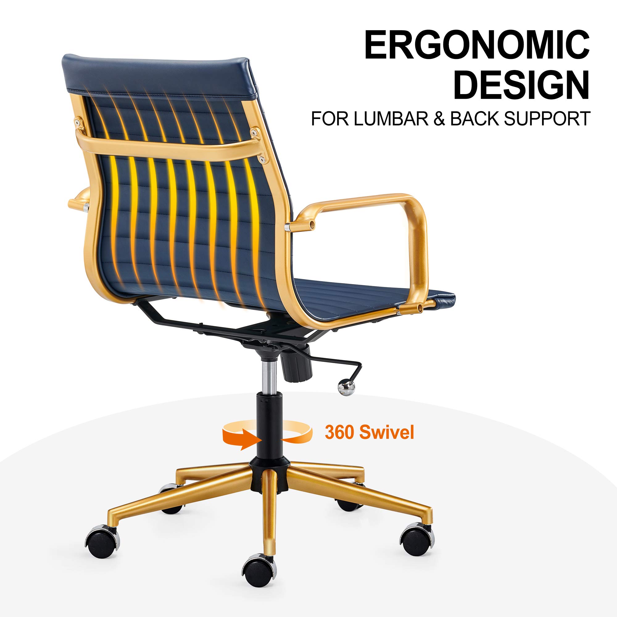 Premium Blue & Gold Leather Mid-Back Office Chair with Armrests - Ergonomic Executive Desk Chair for Back Support - Modern Swivel Chair for Home & Office Workspaces - Perfect for Professionals, Gamers & Remote Workers