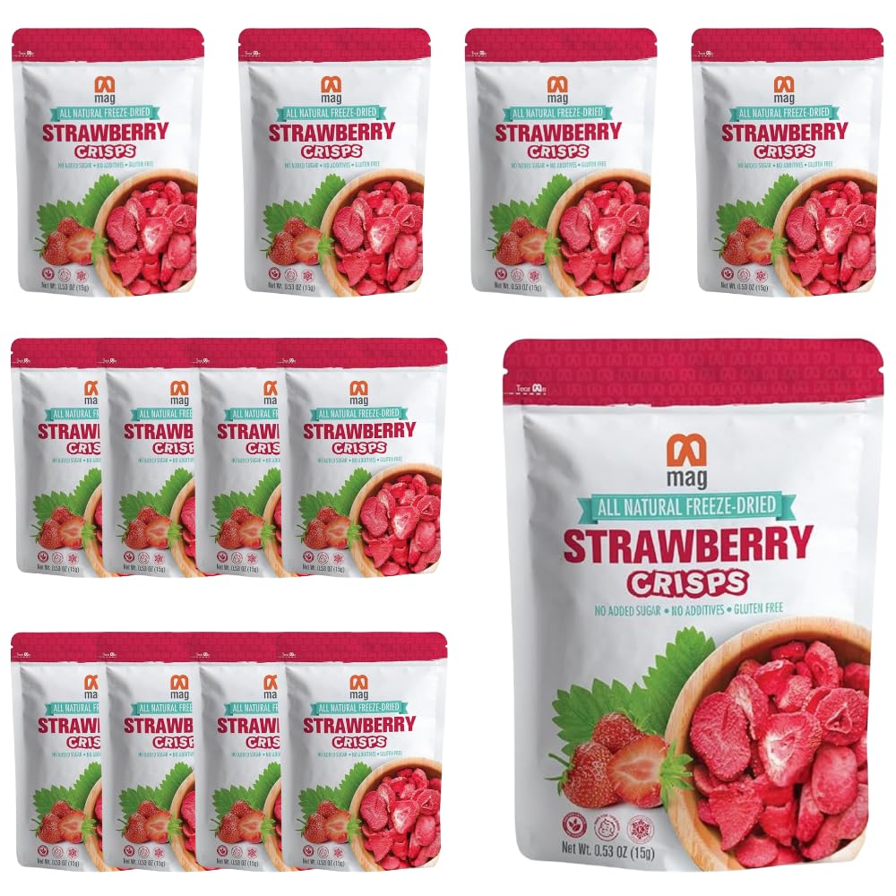 Freeze Dried Strawberry Slices - Healthy Vegan Snacks, Gluten Free, Non-GMO, Kosher & Halal Certified (Pack of 12, 0.53oz Each) - Crunchy Dehydrated Fruit for Travel, Hiking, School Lunch & On-the-Go Snacking
