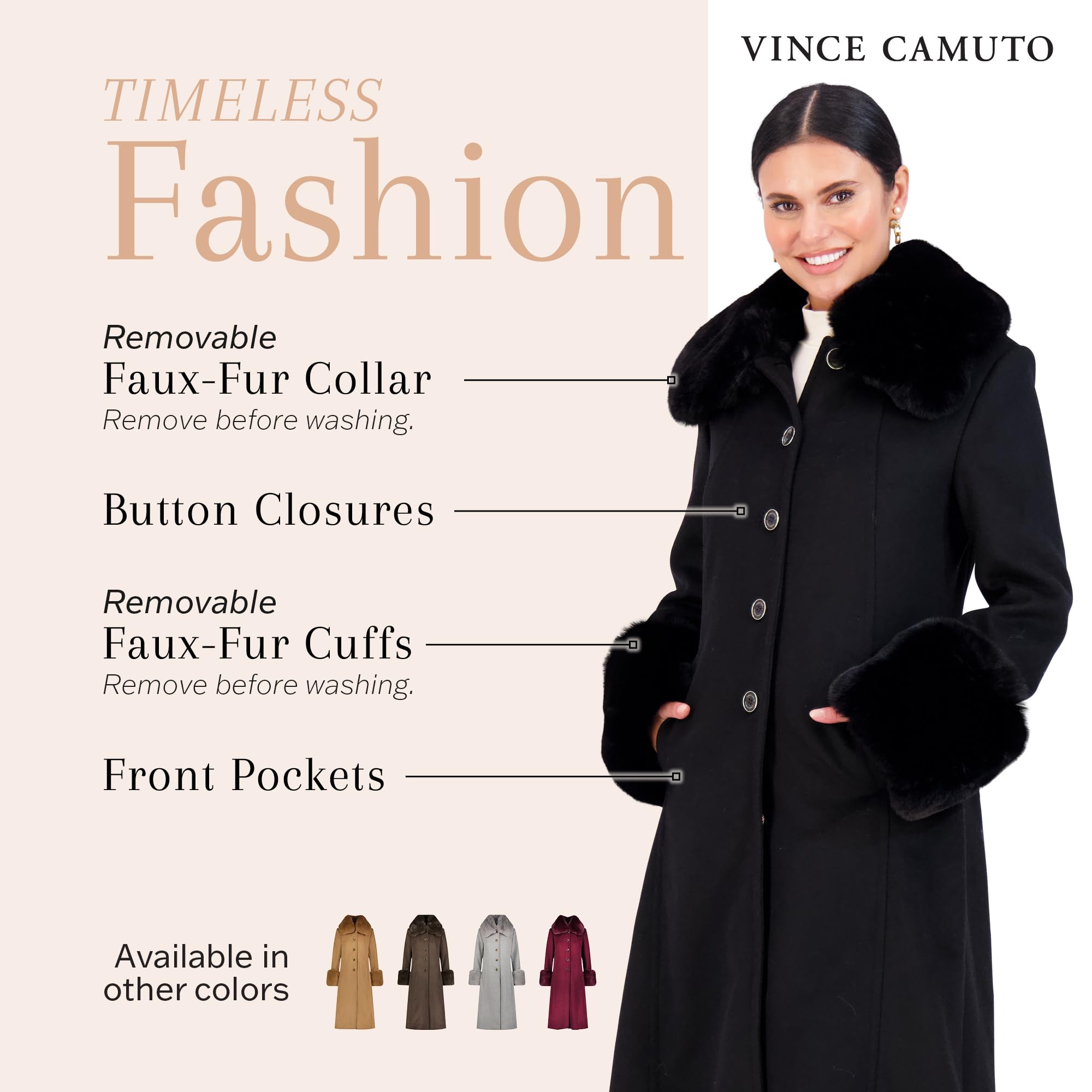 Vince Camuto Women's Wool Trench Coat with Fur Trim - Classic Pea Coat for Fall & Winter, Office Wear & Formal Occasions