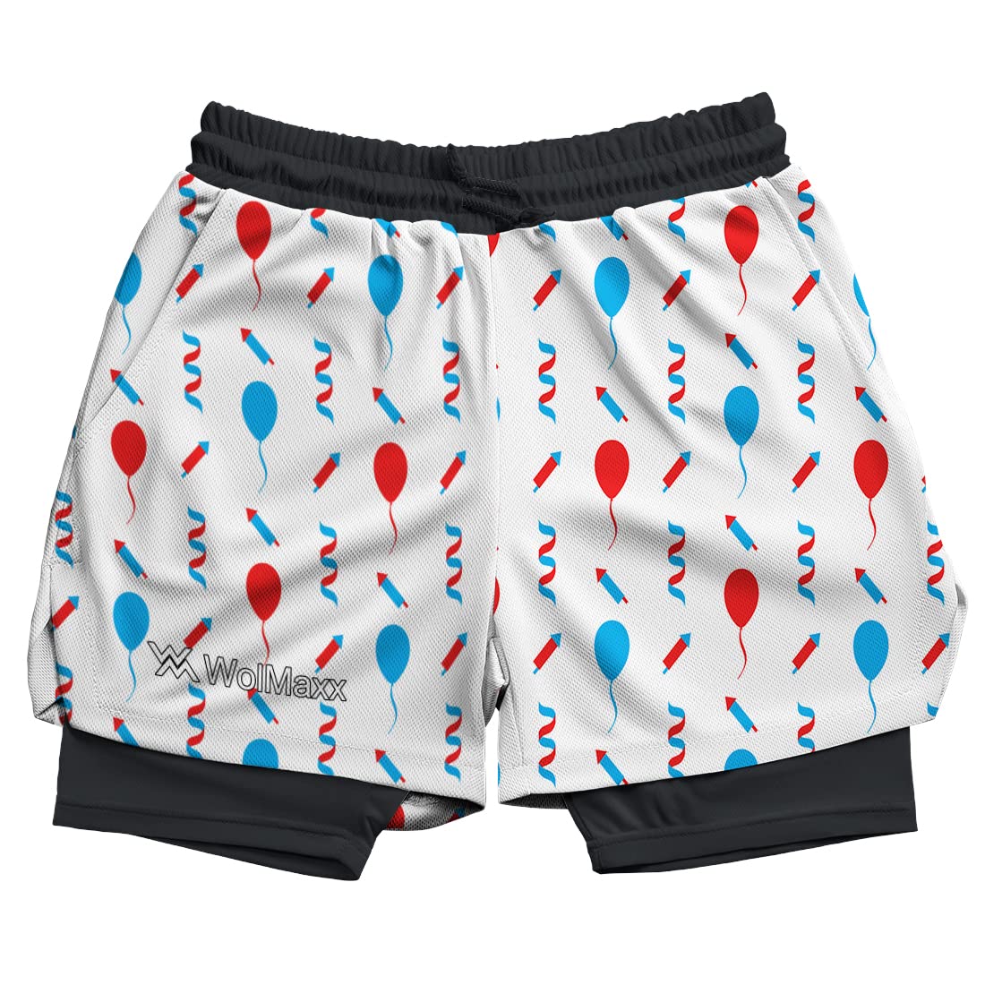 **WolMaxx Men's Running Shorts with Pockets & Compression Liner - 2-in-1 Athletic Shorts for Workout, Gym, Jogging - Patriotic Texture for Independence Day & Sports**