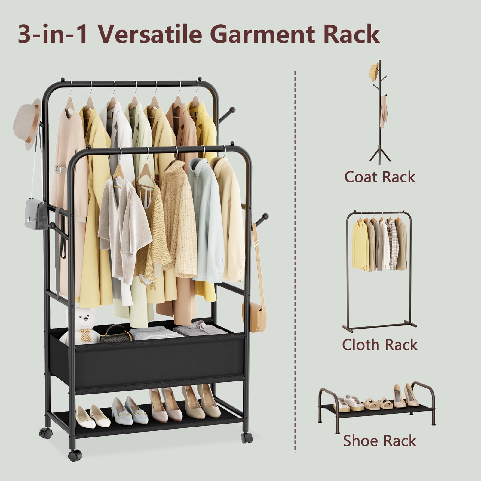 Furologee Double Rod Rolling Garment Rack with Wheels & Storage Box - Heavy Duty Clothes Hanging Organizer with 4 Hooks - Portable Wardrobe for Bedroom, Living Room, Closet (Black) | Perfect for Small Spaces, Dorm Rooms & Apartment Organization