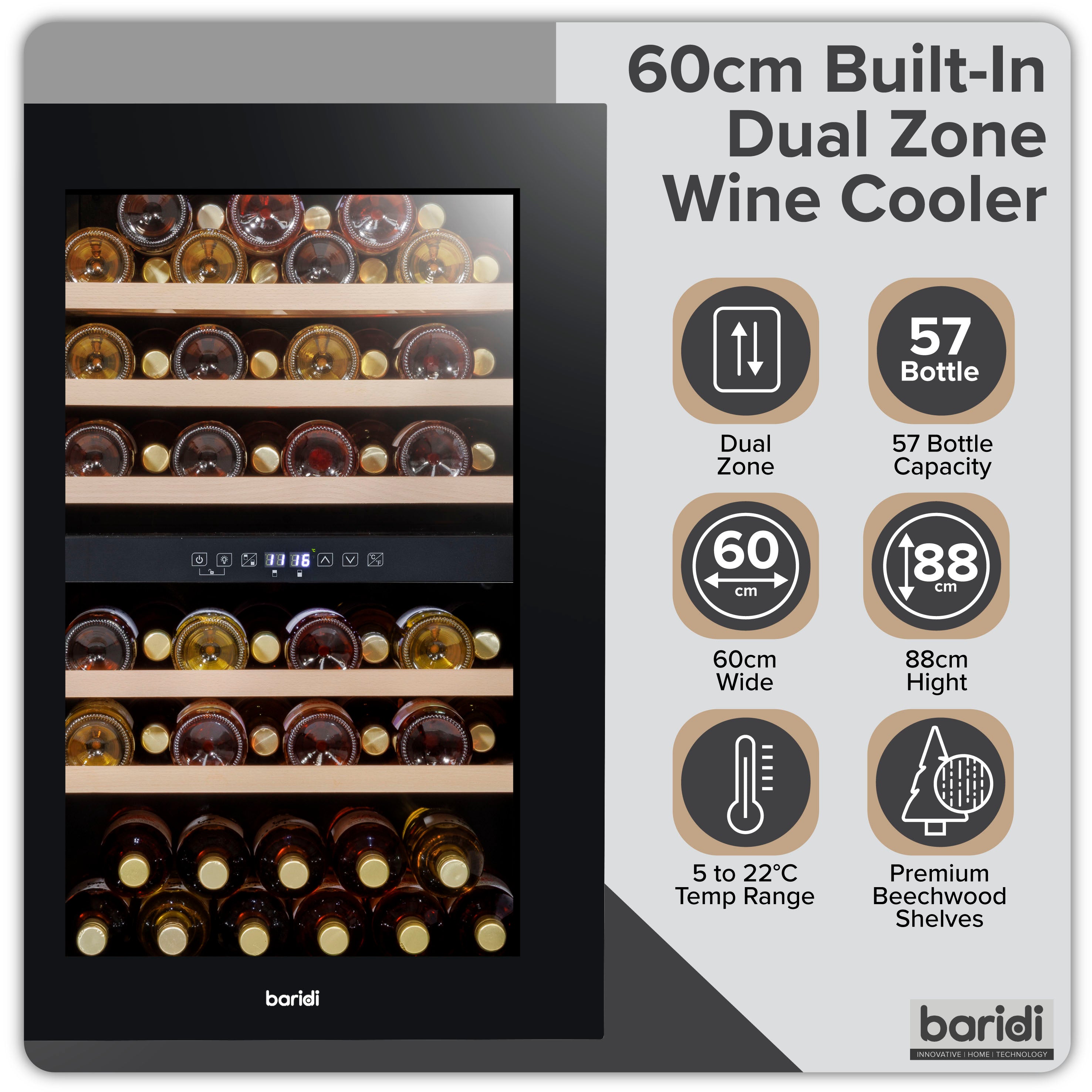 Baridi 60cm Built-In 57 Bottle Dual Zone Wine Cooler with Beech Wood Shelves - Black (DH118) | Perfect for Home Bars, Restaurants & Wine Cellars | Energy Efficient Wine Refrigerator for Red & White Wines