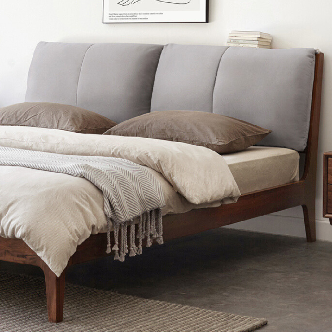 Premium Black Walnut Solid Wood Bed Frame - Queen Size Platform Bed with Soft Upholstered Headboard | Modern Bedroom Furniture for Master & Guest Rooms