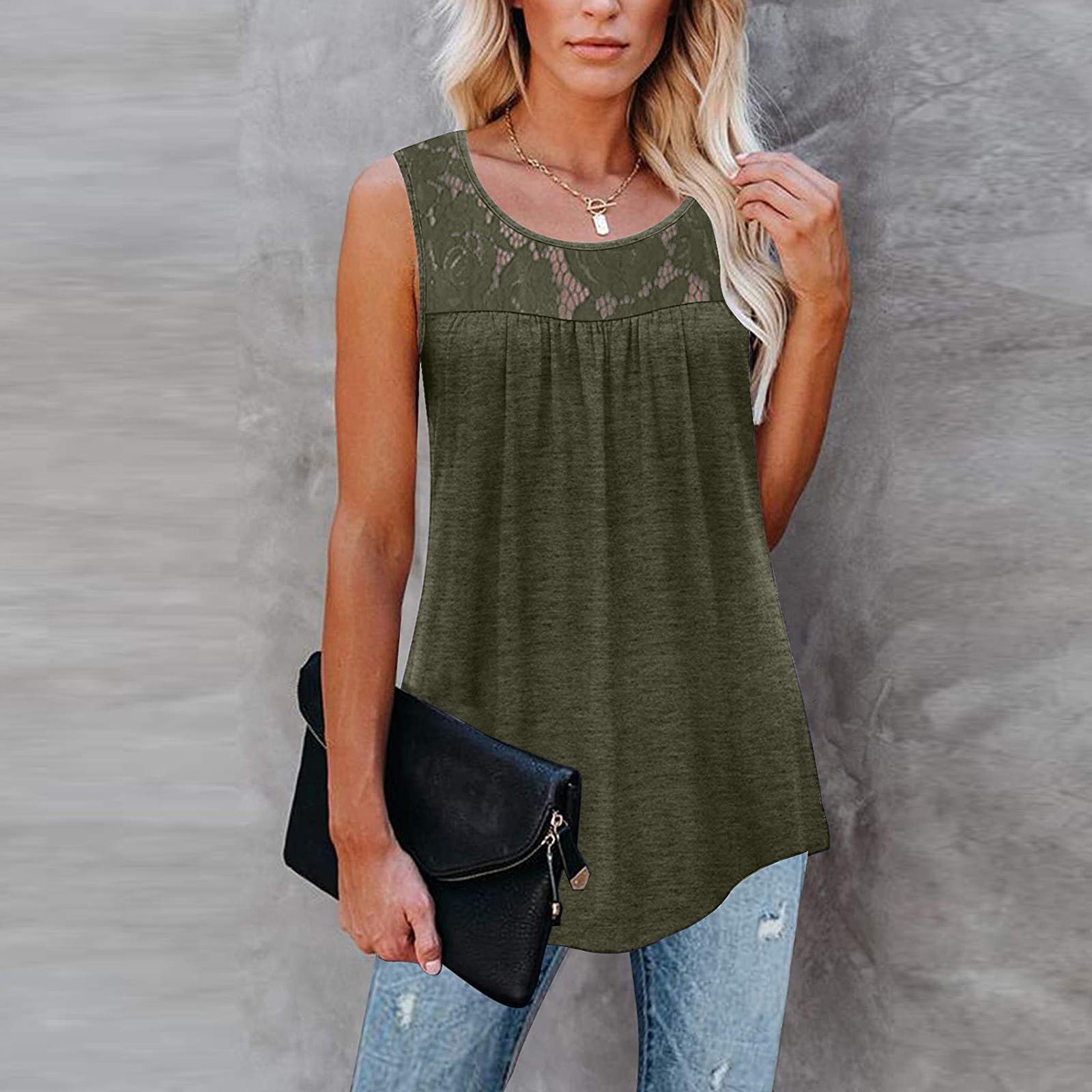 Plus Size Floral Tank Tops for Women - V Neck Strappy Summer Tops, Sleeveless Loose Tunic Blouse in Army Green | Casual Wear, Beach Outfits & Summer Fashion