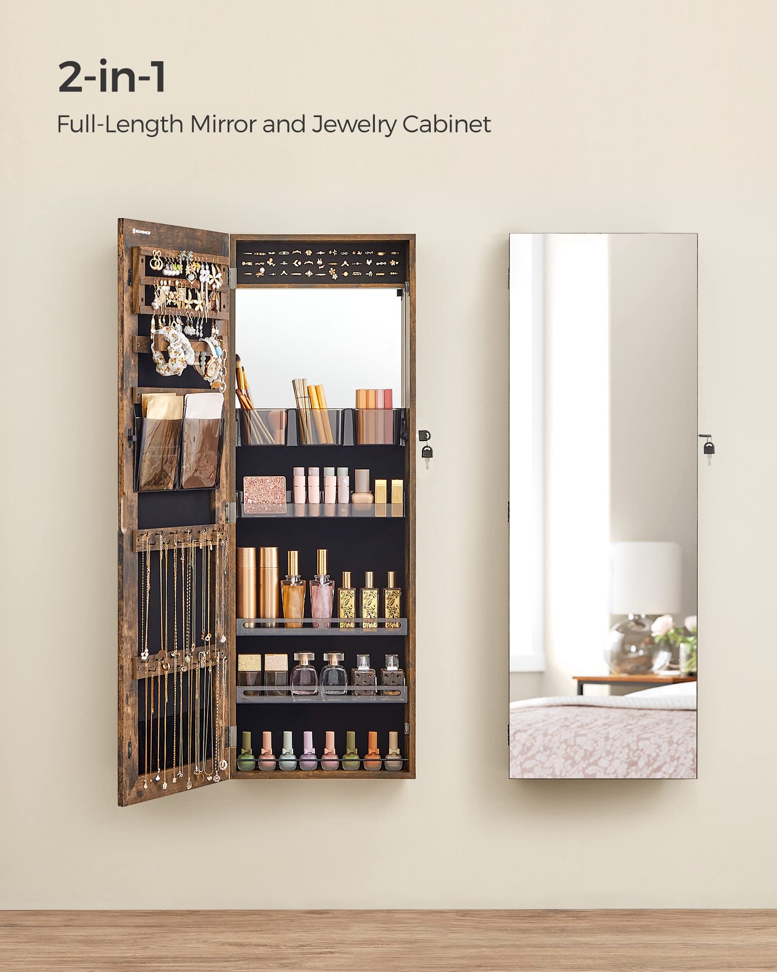 SONGMICS Jewelry Cabinet Armoire with Full-Length Mirror - Wall or Door Mount Jewelry Organizer with Lock, Shelves & Built-in Small Mirror - Rustic Brown UJJC003X01 - Perfect for Bedroom, Closet & Gift Giving
