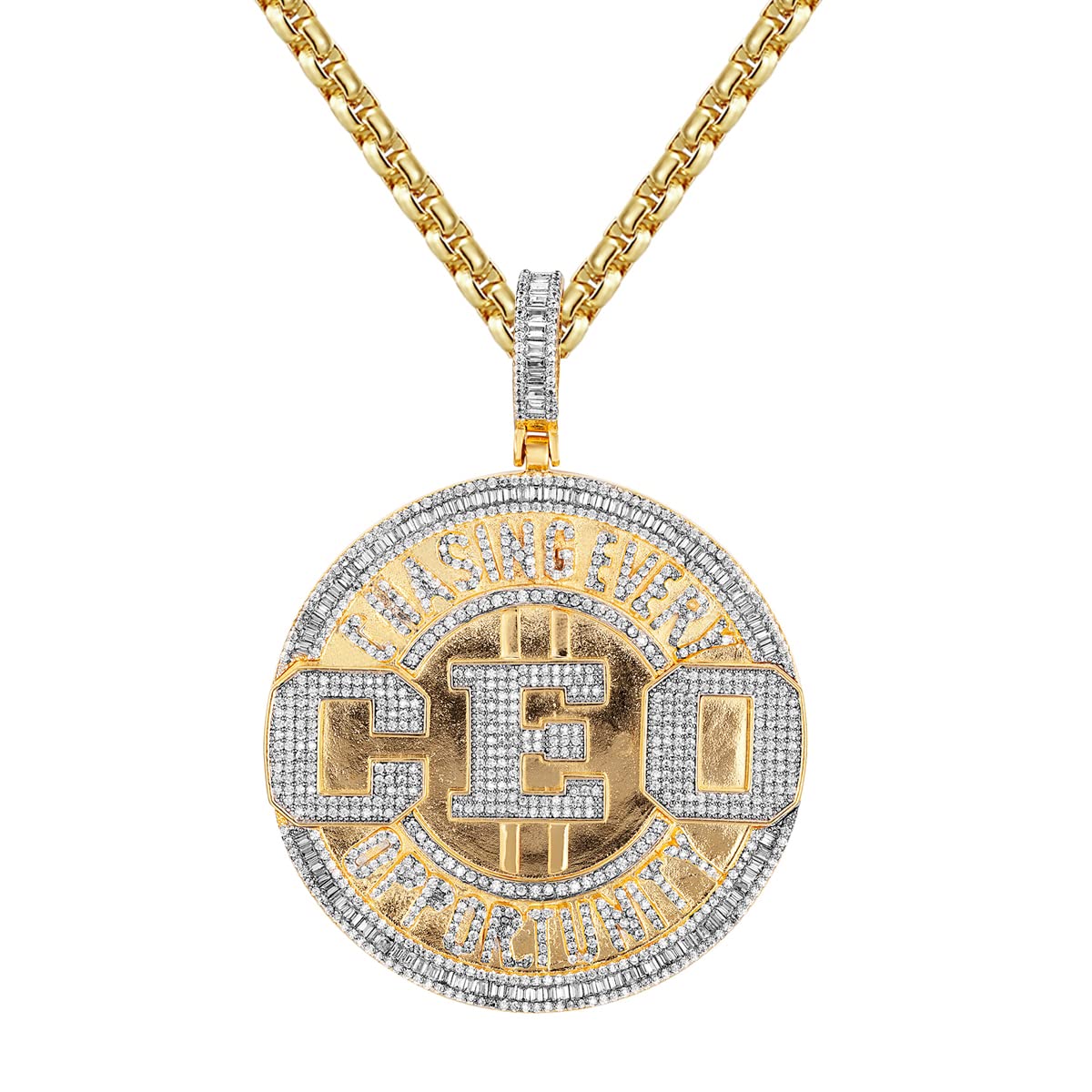 Iced Out Custom Hip Hop Yellow Gold Tone Pendant Chain - Micro Pave Baguette Bling Jewelry for Men & Women | Perfect for Parties, Concerts, and Streetwear Fashion