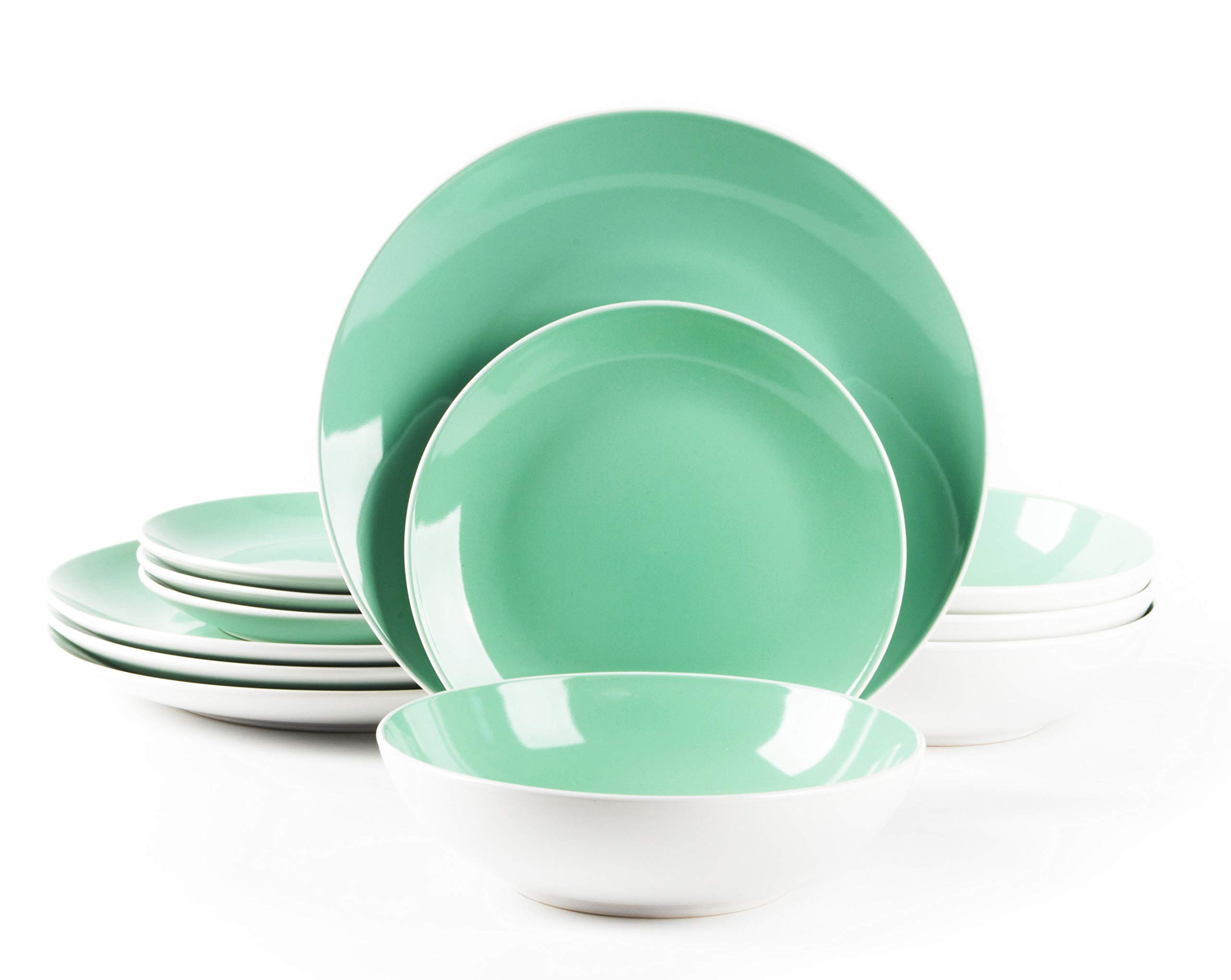 12-Piece Stoneware Coupe Dinnerware Set - White Exterior & Teal Interior | Elegant Tableware for Everyday Dining, Dinner Parties & Home Decor