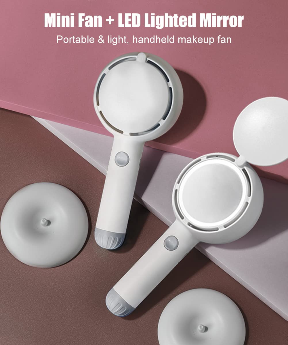 3-in-1 Mini Handheld Fan with Mirror & LED Light - USB Rechargeable Portable Makeup Fan for Women - Personal Cooling Fan for Travel, Office & Home Use - Perfect for Makeup Touch-Ups & Summer Cooling