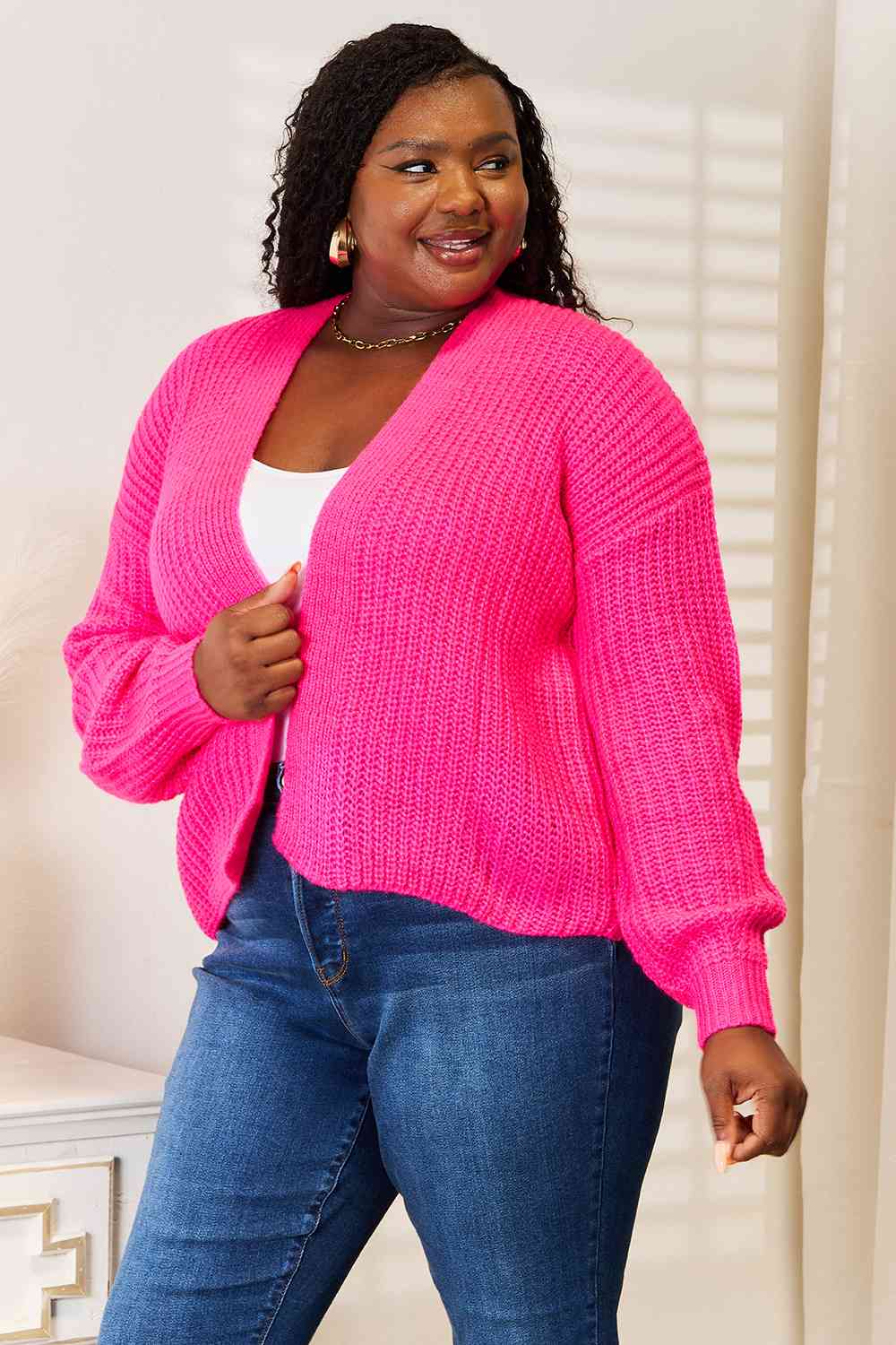 Stylish Hot Pink Rib Knit Open Front Drop Shoulder Cardigan Sweater for Women | Cozy Fall & Winter Fashion | Perfect for Casual Outings, Office Wear, and Date Nights