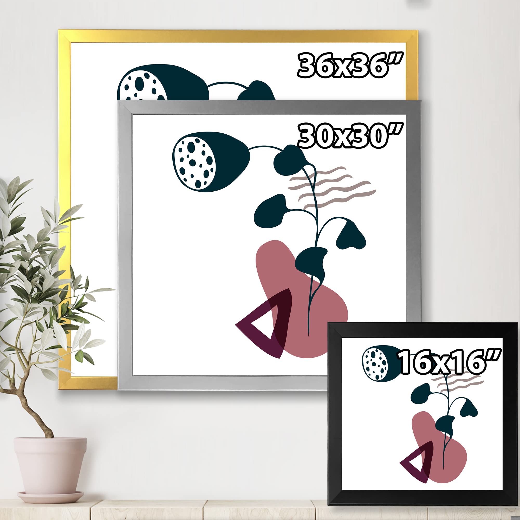 DesignQ Modern Abstract Floral Framed Wall Art - Elementary Shapes & Botanical Prints for Living Room, Bedroom & Office Decor
