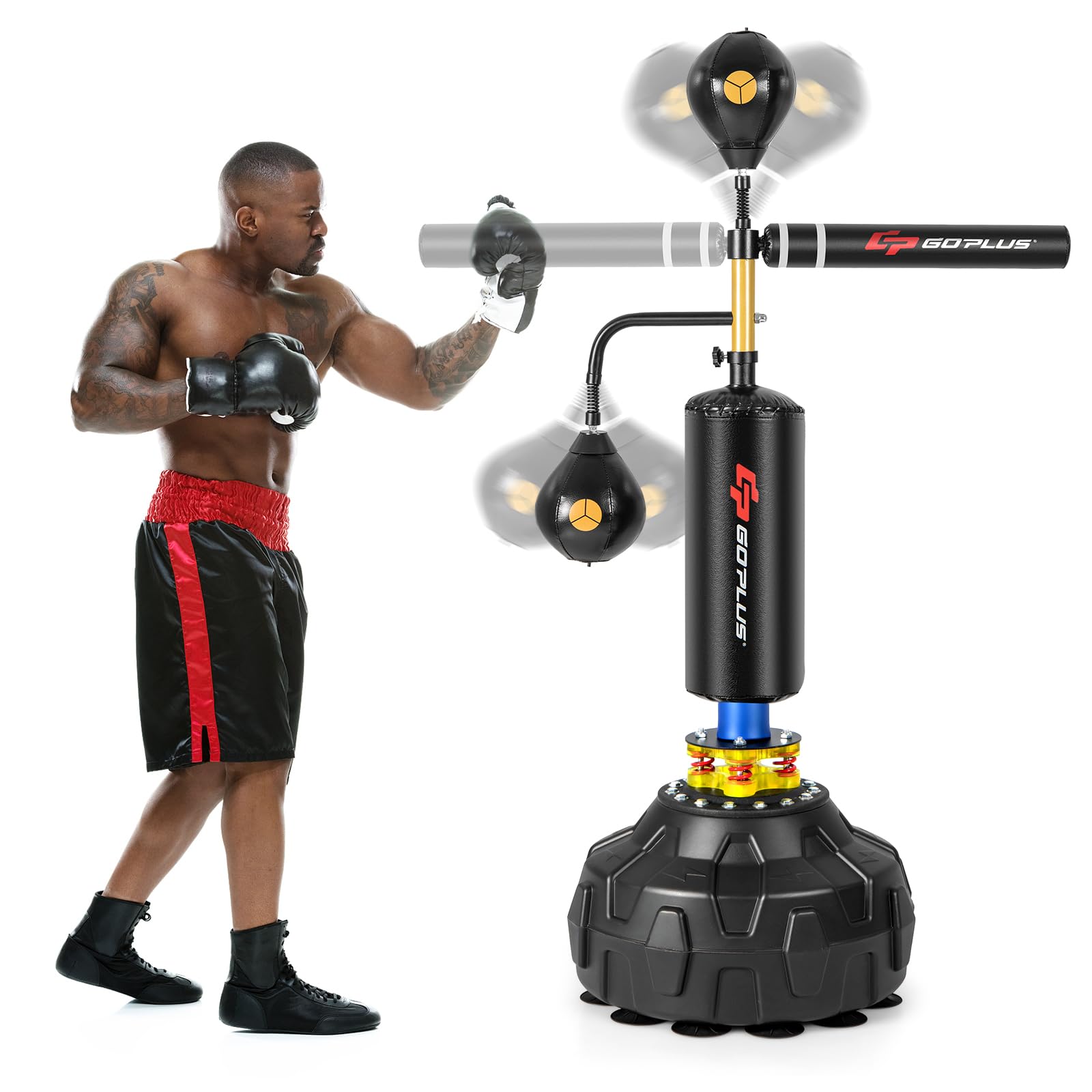 Goplus Freestanding Boxing Speed Trainer - 360° Spinning Punching Bag with 2 Reflex Speed Balls, Shock Absorbers & Fillable Base | Height Adjustable Boxing Equipment for Teens & Adults | Perfect for Home Gym, Boxing Training & Fitness Workouts