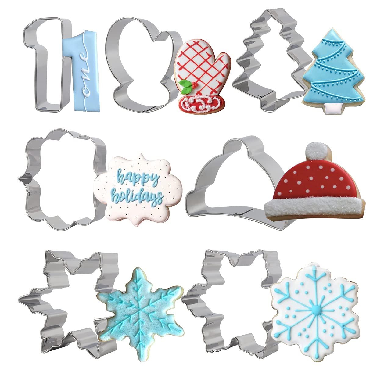 Snowflake Cookie Cutter Set - 6-Piece Stainless Steel Winter Wonderland Christmas Cookie Cutters with Hat, Mitten, Tree & Number 1 Shapes - Perfect for Holiday Baking, Birthday Cookies, Fondant & Dough Decorations - Great for Christmas Parties, 1st Birthday Cakes & Photo Plaques