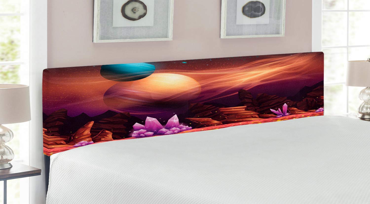 Ambesonne Futuristic Cosmic Galaxy Space Planets Sci-Fi Headboard - King Size Upholstered Decorative Metal Bed Frame with Memory Foam - Vibrant Multicolor Fantasy Illustration | Perfect for Bedroom Decor, Sci-Fi Themed Rooms & Space Enthusiasts