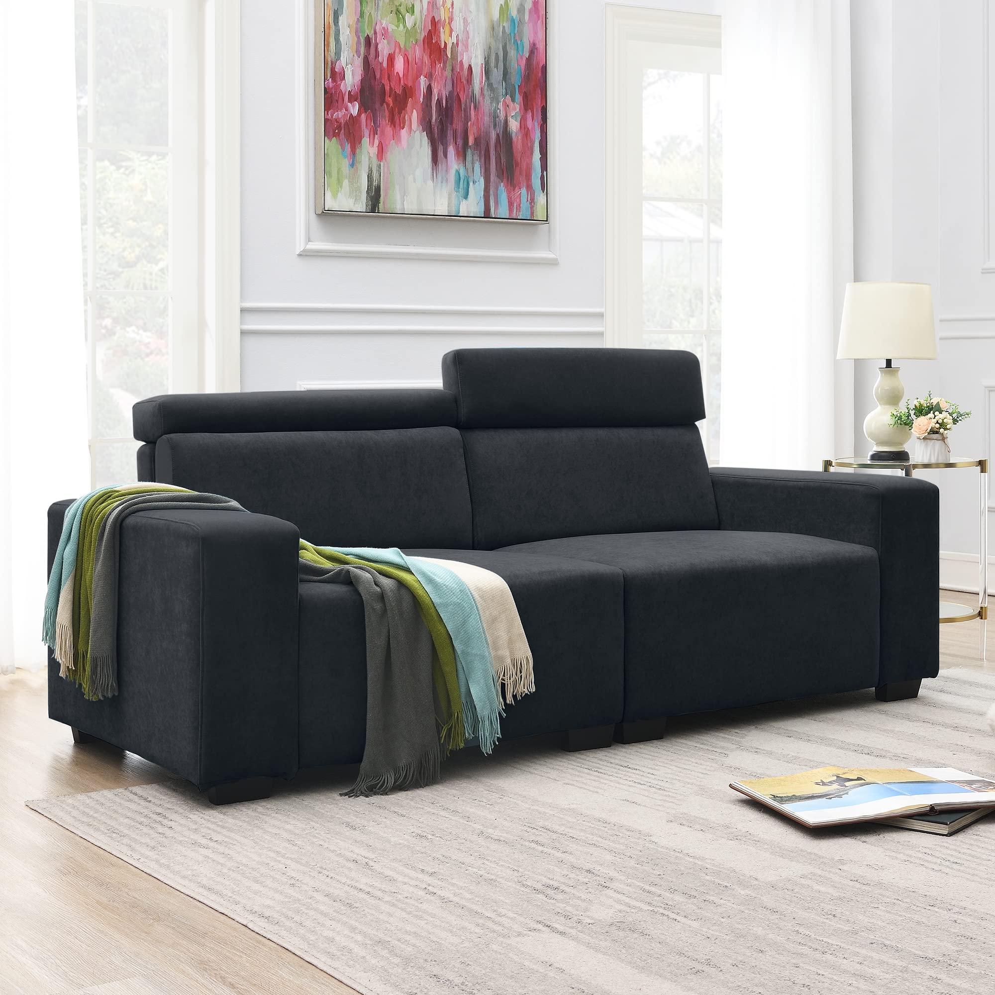 Modern Velvet Loveseat Sofa with Adjustable Headrest - Black Small Space Living Room Couch for Couples, Apartments & Cozy Spaces | Perfect for Reading Nooks, TV Watching & Guest Seating