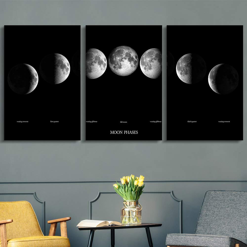 Wall26 - 3 Panel Moon Phases Canvas Wall Art - Giclee Printed Modern Lunar Phases Gallery Wrap - 16x24 Inch Triptych - Ready to Hang Home Decor for Living Room, Bedroom & Office