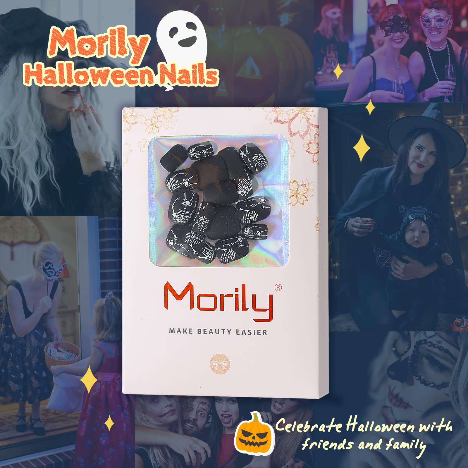 Morily 24Pcs Black Short Square Matte Press on Nails with White Skeleton Design - Acrylic Stick on Artificial Fingernails Tips for Women (12 Sizes) - Perfect for Halloween, Parties & Everyday Wear