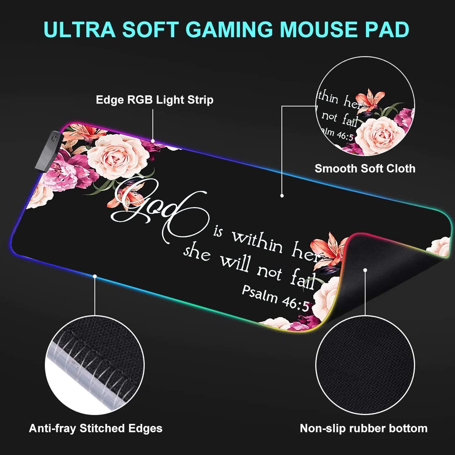 RGB Gaming Mouse Pad with LED Lights - Large Non-Slip Desk Mat for Keyboard & Mouse - Peony Flower Design with Psalm 46:5 Quote - Perfect for PC Gaming, Office Work & Home Decor