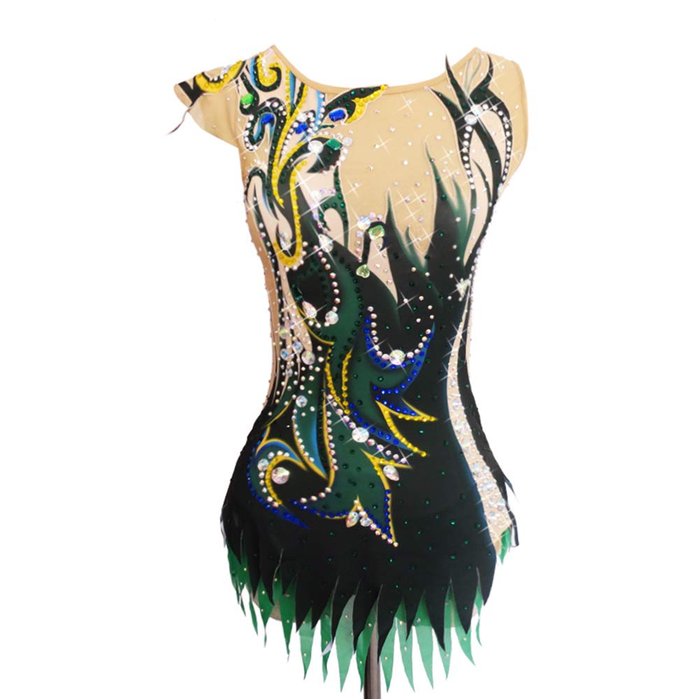 LIUHUO Girls Rhythmic Gymnastics Leotard - Emerald Green Shiny Rhinestone Performance Costume for Dance Competitions & Stage Shows