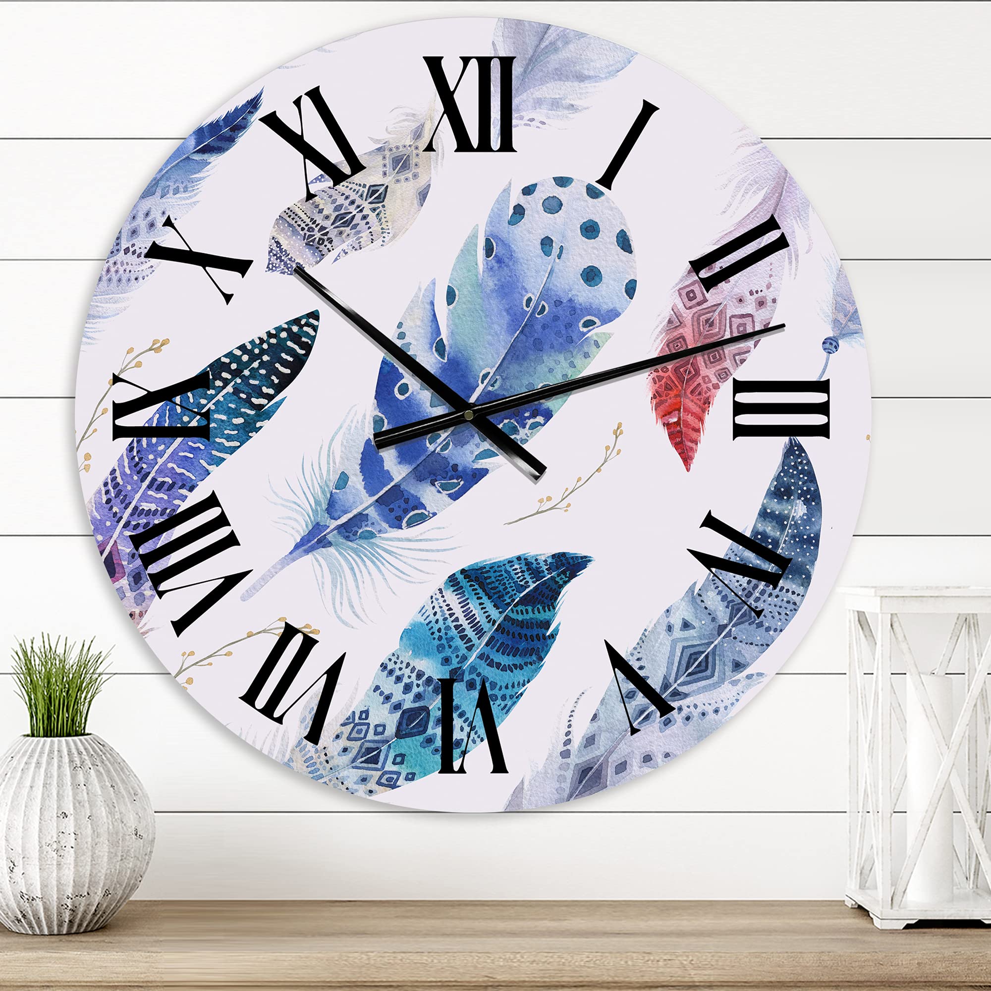 Bohemian Wall Clock with Elegant Blue Boho Feathers - Large Decorative Kitchen Clock for Home, Office & Living Room Decor | Unique Animal-Themed Wall Art for Boho Chic Interiors