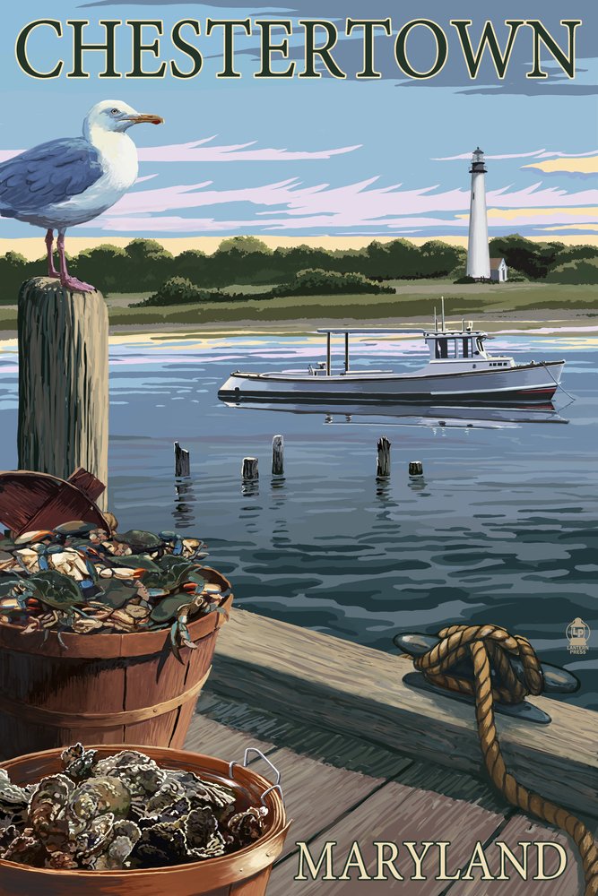 Signed Art Print - Blue Crab & Oysters Dock Scene in Chestertown Maryland (24x36 Wall Decor Poster) | Perfect for Coastal Home Decor, Beach House Living Room, or Seafood Restaurant Wall Art
