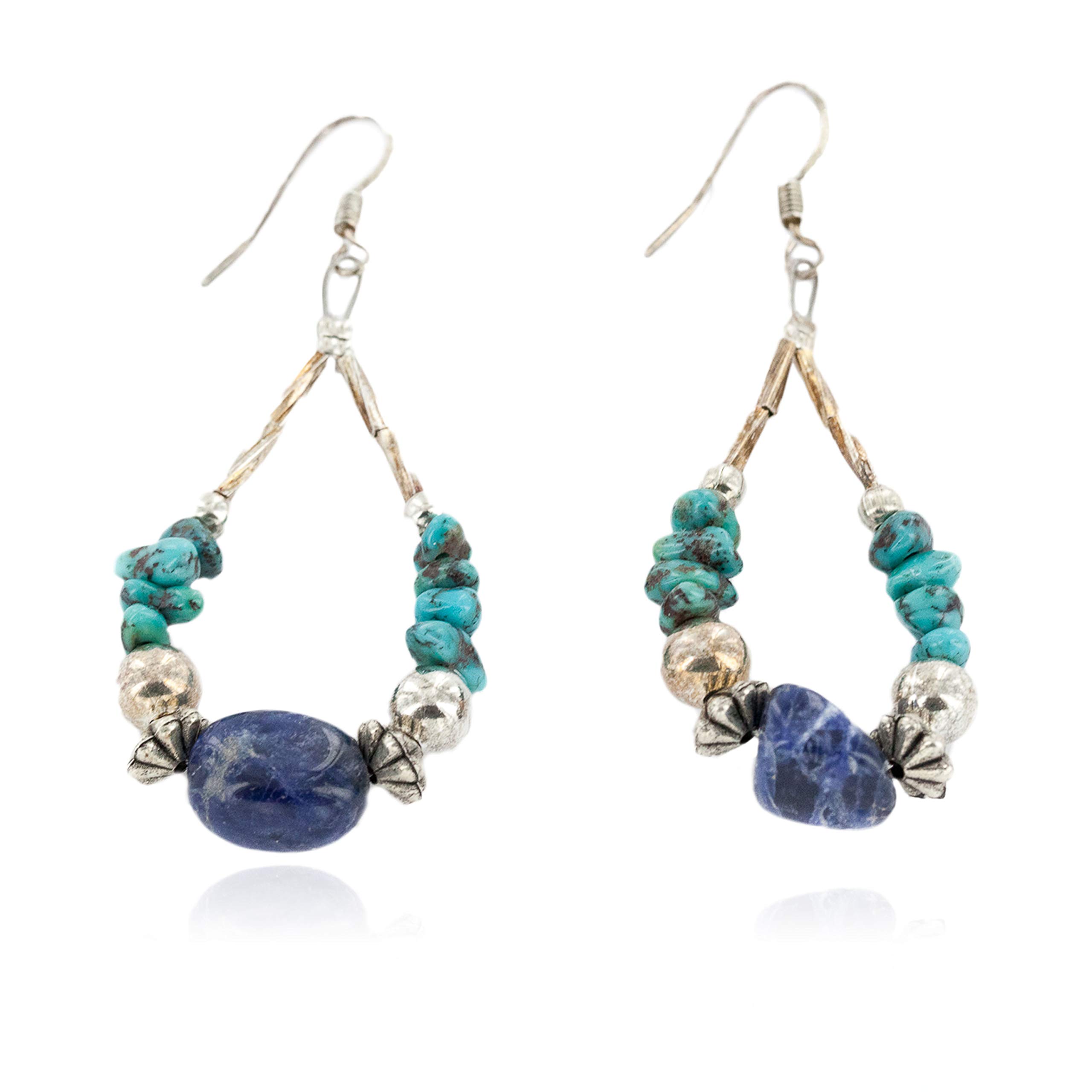 Authentic Native American Silver Hoop Earrings with Turquoise & Lapis - Handmade by Loma Siiva - $90 Tag Certified - Perfect for Boho Fashion & Cultural Jewelry Collections