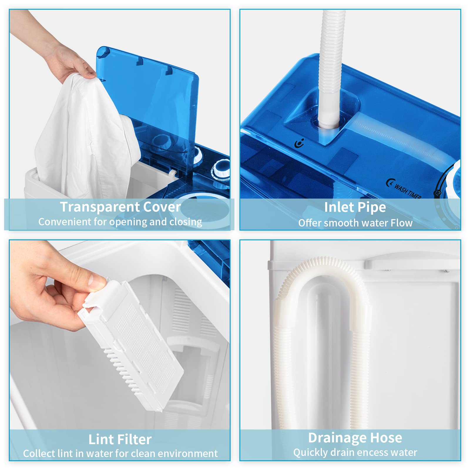 LEADZM 26LBS Portable Washing Machine - Compact Twin Tub Washer (18LBS) & Spinner (8LBS) with Drain Pump - Mini Laundry Combo for Small Spaces - Perfect for Dorms, Apartments, RVs & Camping (White & Blue) - Ideal for Travel, Tiny Homes & Off-Grid Living