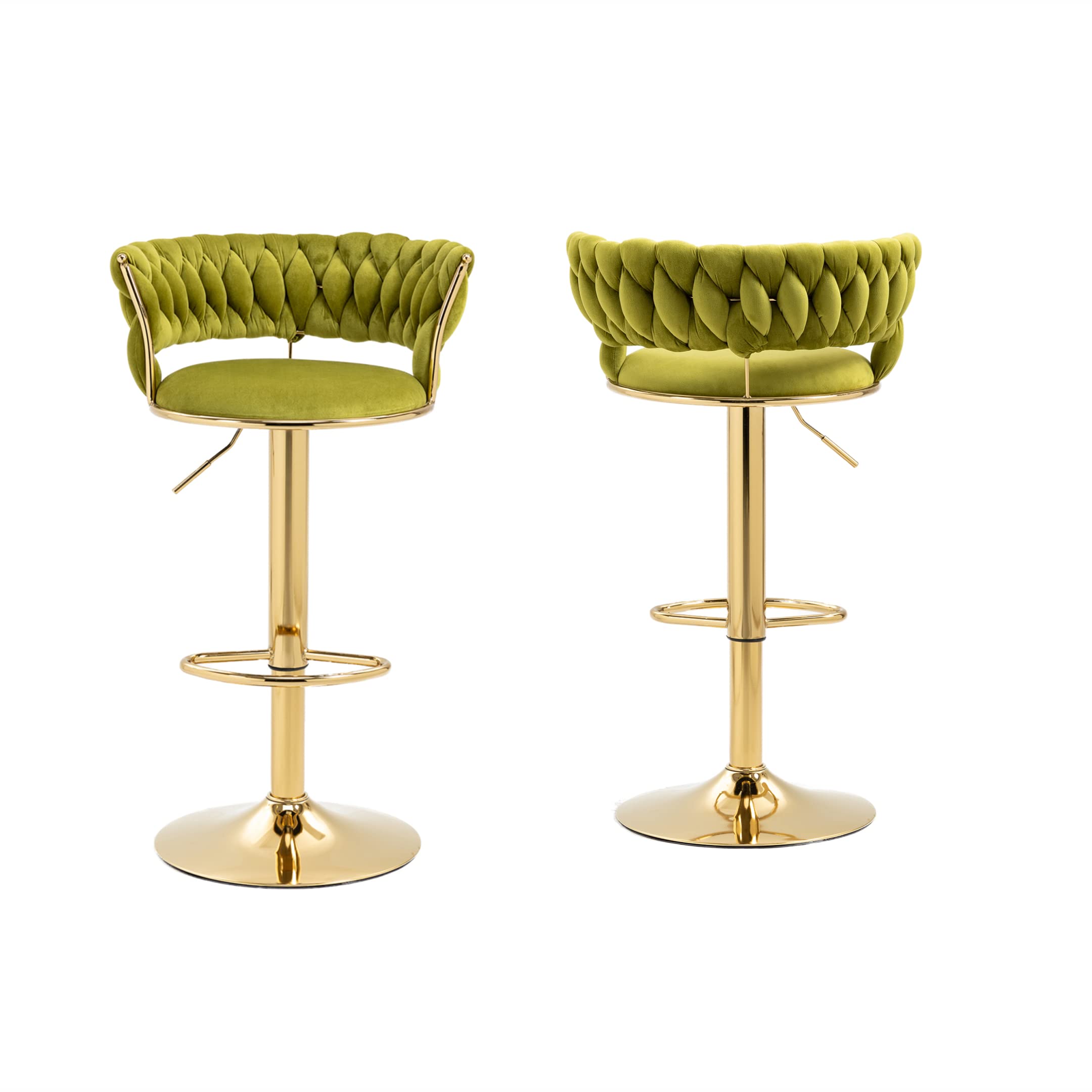 Swivel Bar Stools Set of 2 - Adjustable Height Kitchen Counter Stools with Footrest - Velvet Upholstered Dining Chairs for Kitchen Island, Breakfast Bar & Restaurant (Modern Style, Green)