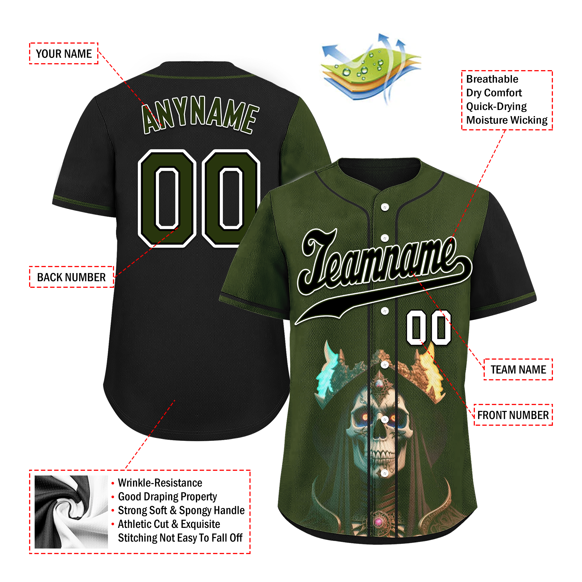Custom Green & Black Skull Print Personalized Baseball Jersey - Authentic Sports Apparel for Men & Women - Perfect for Halloween, Cosplay, and Baseball Games (BSBJ01 D017152)