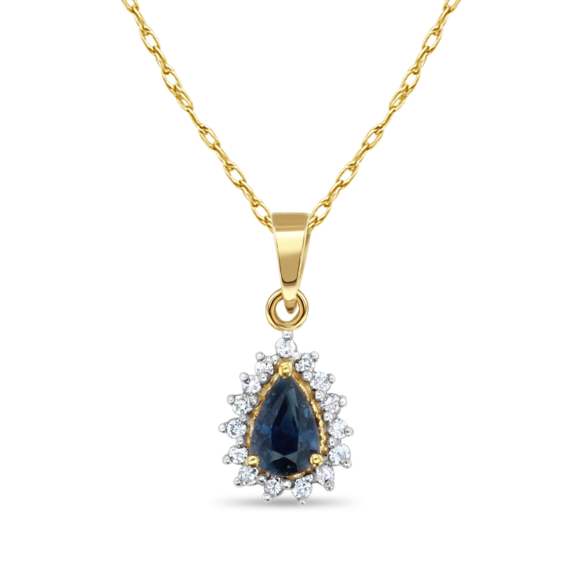 Exquisite 14k Yellow Gold Pear Shaped Sapphire & Diamond Halo Pendant Necklace - Elegant Jewelry for Weddings, Anniversaries & Special Occasions