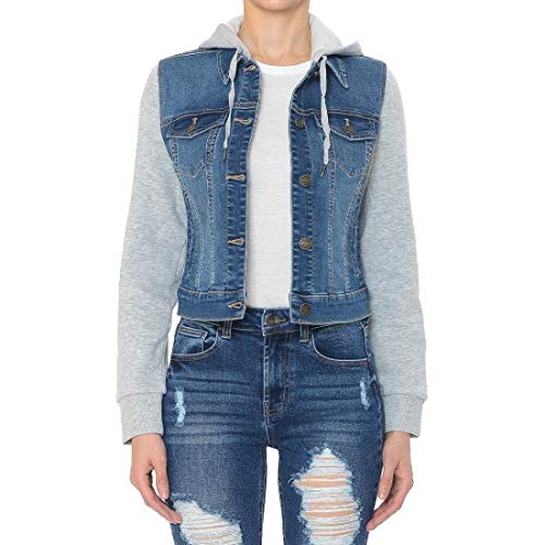 Khanomak Women's Fleece-Lined Denim Jacket with Hood & Long Sleeves - Cozy Winter Fashion for Casual Outings & Streetwear