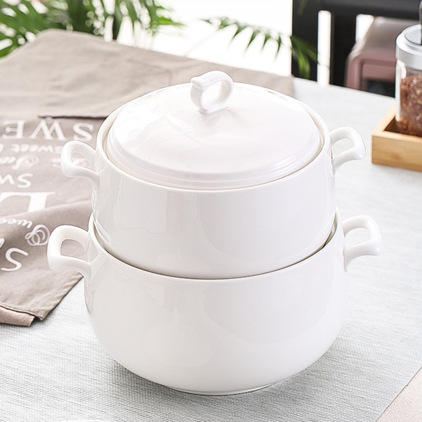 3L Ceramic Soup Tureen with Lid - Large Round Serving Bowl with Loop Handles, Microwave & Dishwasher Safe Pure White Porcelain Tureen for Kitchen - Perfect for Family Dinners, Holiday Meals & Restaurant Serving
