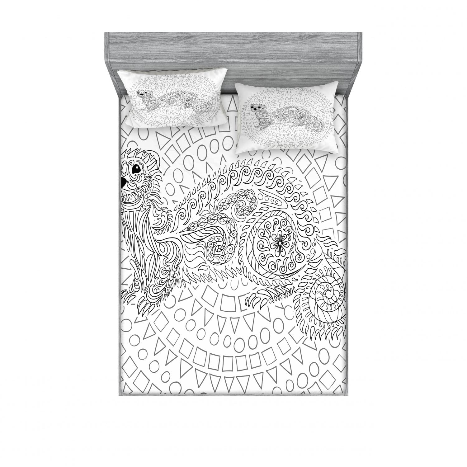 Ambesonne 2-Pack Queen Size Fitted Sheet & Pillow Sham Set - Squirrel Geometric Pattern Bedding Decor (4-Piece Set, 2 Fitted Sheets & 4 Pillow Covers) in White & Grey - Perfect for Guest Rooms, Kids' Bedrooms & Cozy Cabin Retreats