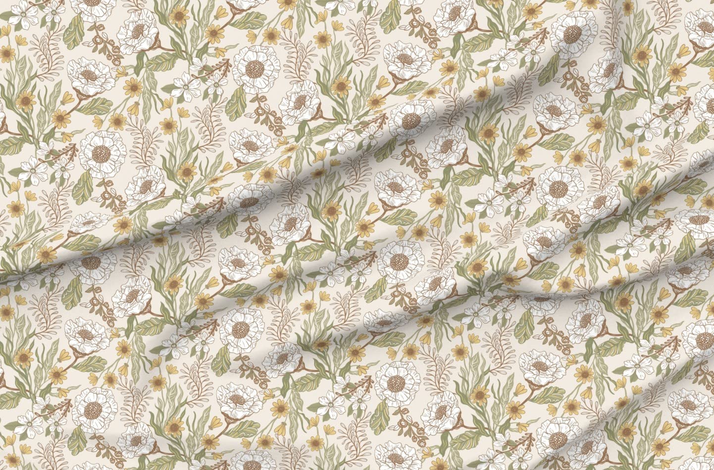 Spoonflower Bohemian Floral Fabric - Sage Green Coffee Tone Flowers, Whimsical Spring Elegant Design on Petal Signature Cotton by The Yard - Perfect for Sewing, Quilting, Apparel, Crafts & Home Decor | DIY Spring Dresses, Boho Curtains, Table Runners