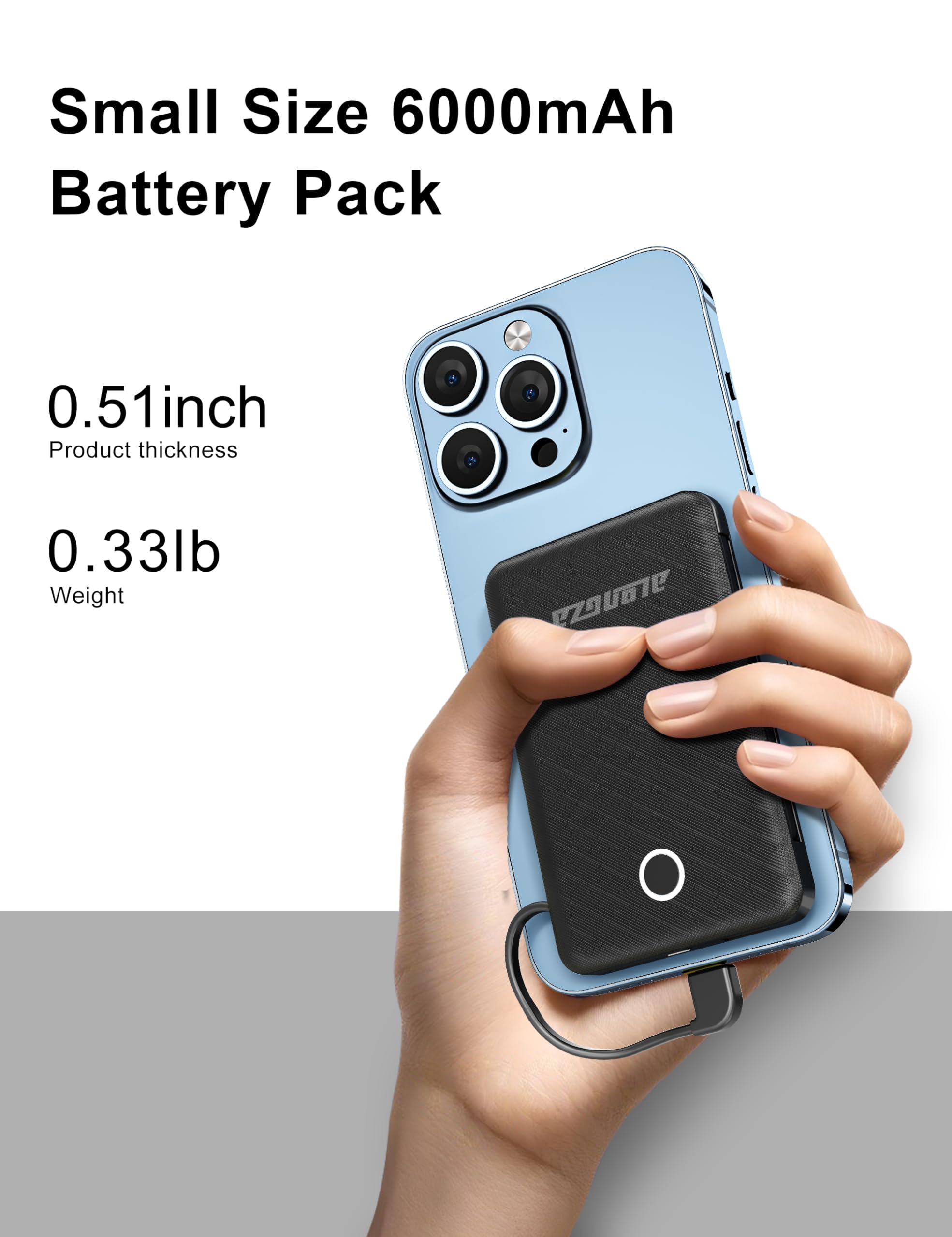 Alongza 6000mAh Ultra Slim Portable Charger with Built-in Cable - Compact Power Bank for iPhone, Samsung & Android Phones - Perfect for Travel, Camping & Emergency Backup (2 Pack, Black & White)