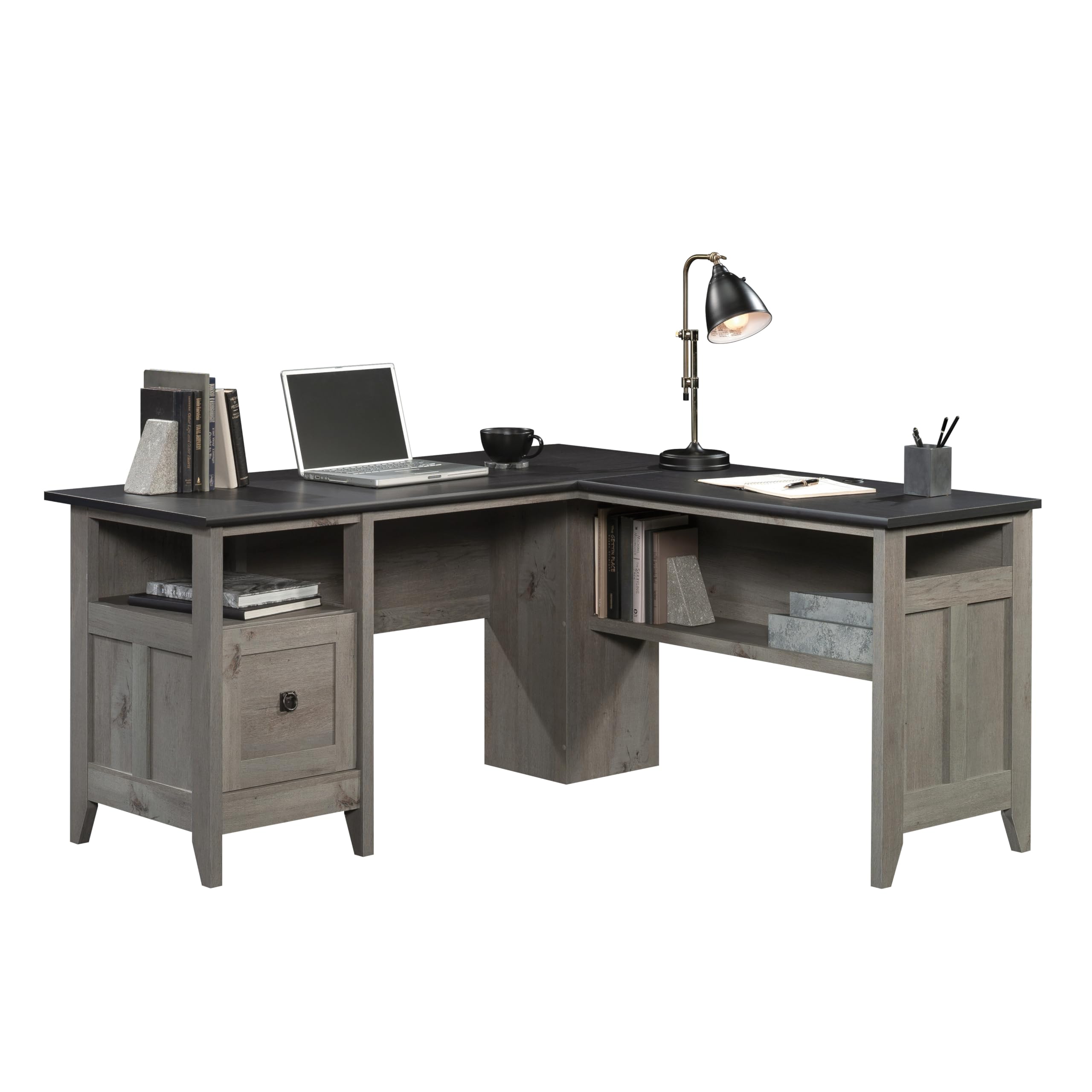 Sauder August Hill L-Shaped Farmhouse Office Desk - Corner Computer Desk with File Drawer & Cable Management in Mystic Oak Finish | Perfect for Home Office, Study Room & Small Spaces