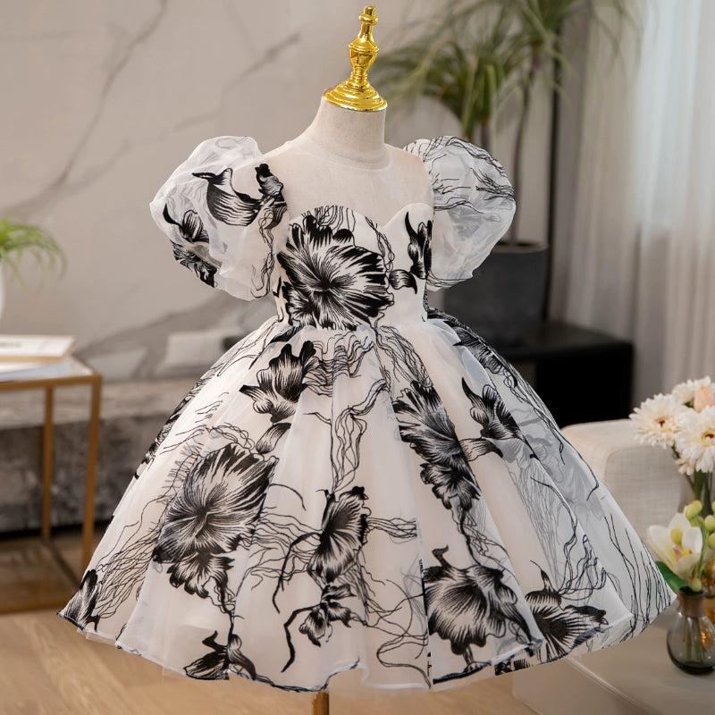 Elegant Baby Girls Ink Print Puff Sleeve Square Neck Princess Dress - Toddler Flower Girl Party Dress for Birthday, Photo Shoot & Special Occasions