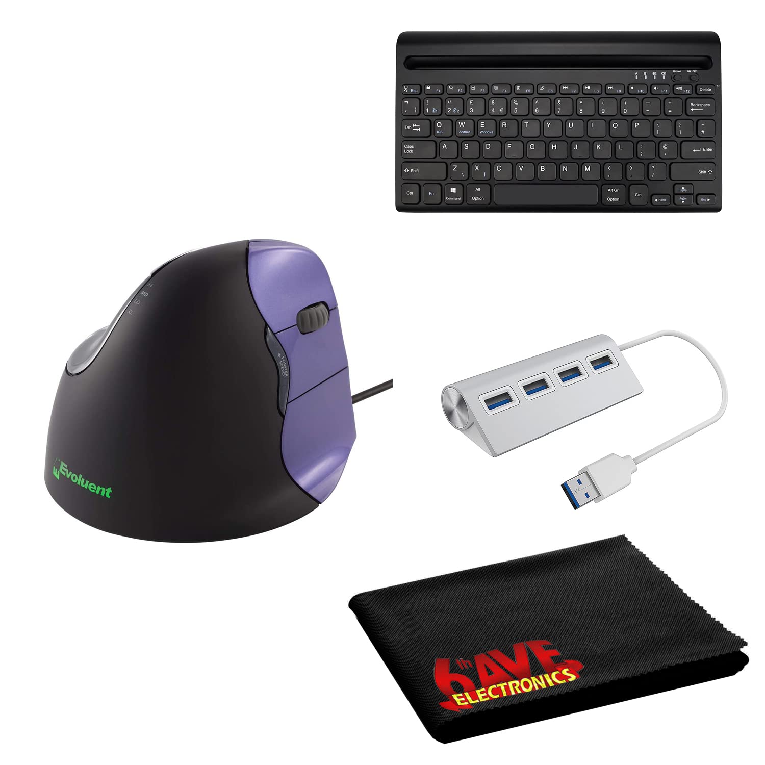 Evoluent VM4S Vertical Ergonomic Mouse for Right Hand (Wired) with Bluetooth Keyboard, USB Dock & Premium Cleaning Cloth Bundle - Perfect for Office, Gaming & Computer Workstation Setup