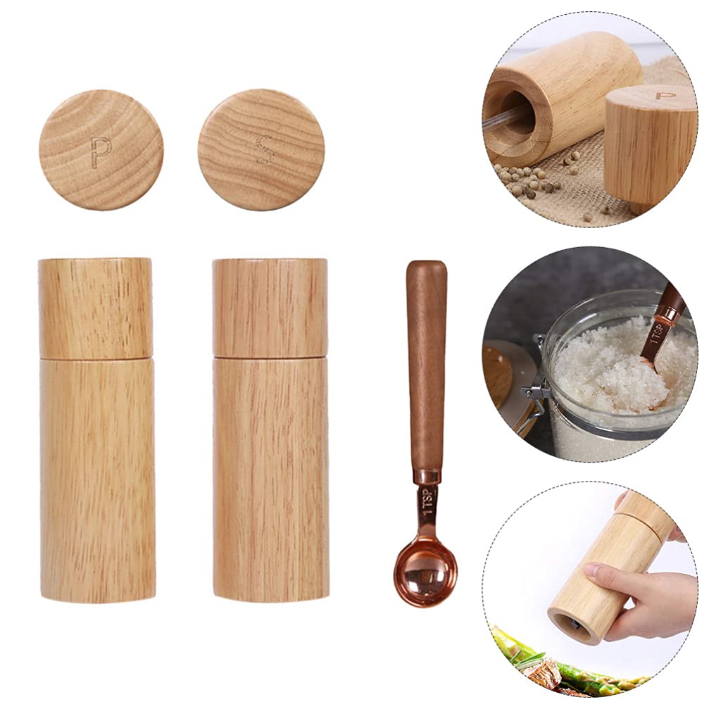 Premium Hemoton Coffee Bean Sea Salt & Pepper Set - 3-Piece Wooden Salt and Pepper Shakers with Refillable Dispenser for Kitchen, Dining Table & BBQ | Natural Wood Spice Containers for Home, Restaurant & Outdoor Cooking