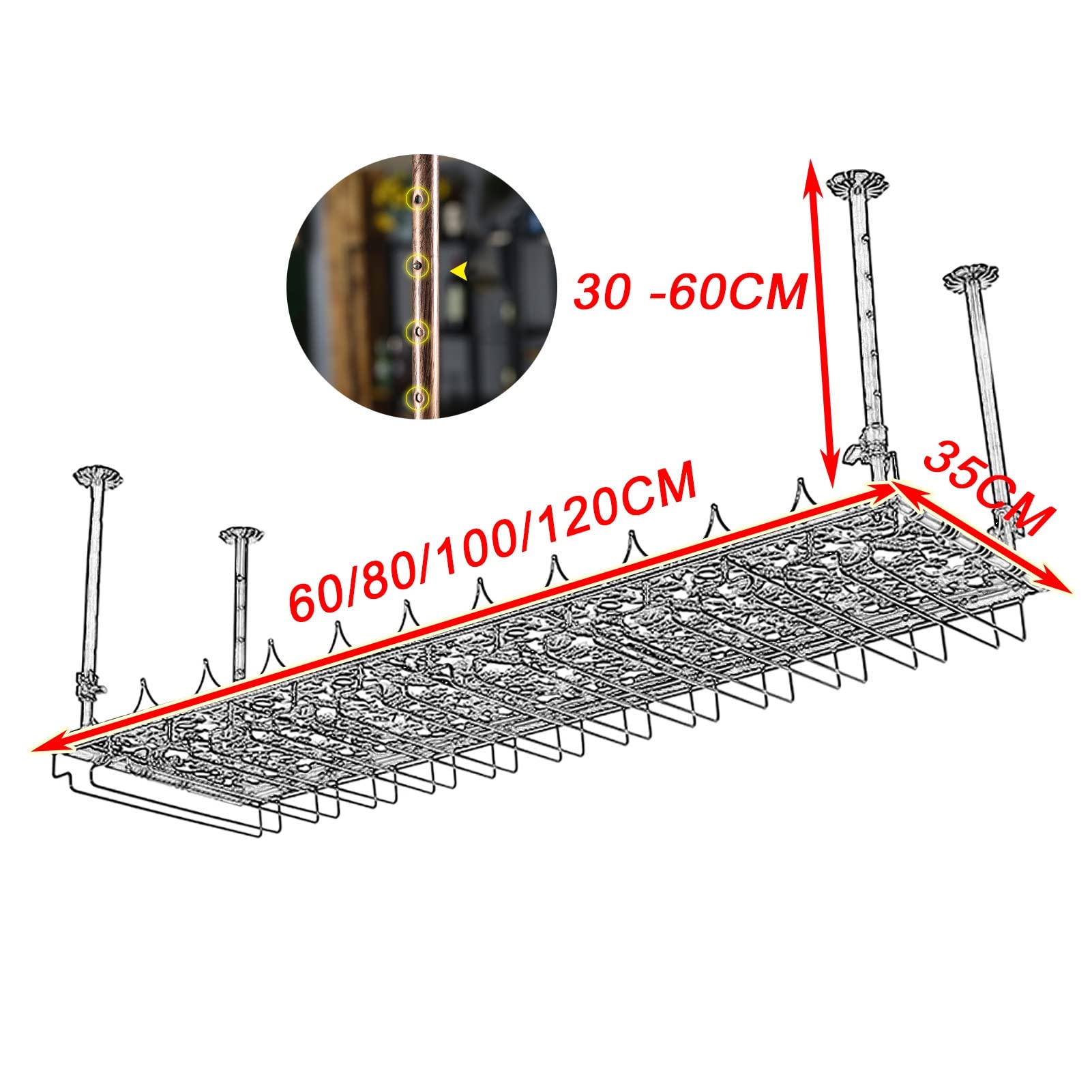 Vintage Metal Ceiling Hanging Wine Rack Organizer - 80x35cm Multifunctional Wine Bottle Storage Shelf with Stemware Glass Goblets Holder - Perfect for Kitchen, Bar, Restaurant & Wine Cellar Display