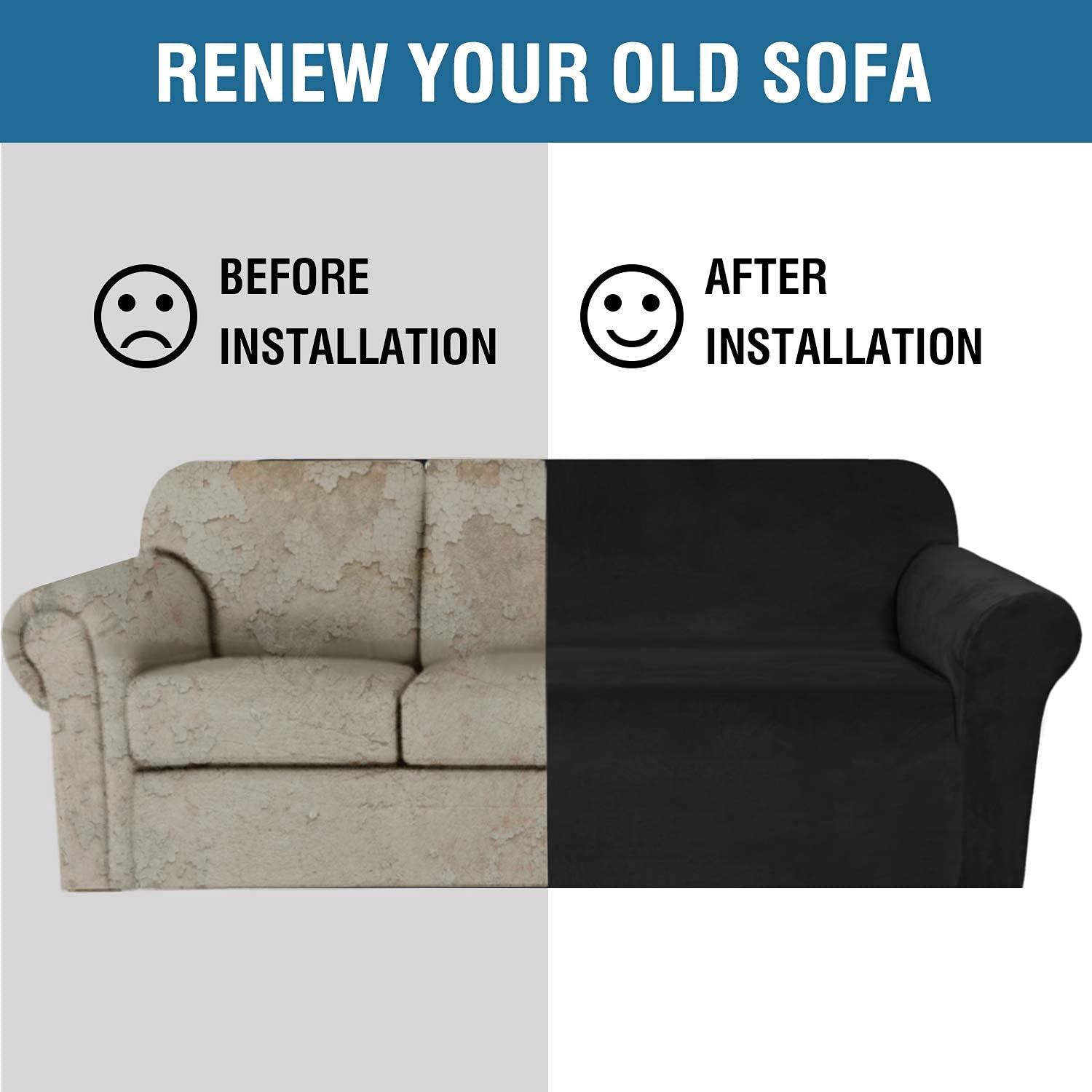 H.VERSAILTEX Velvet Stretch Sofa Cover for 3 Cushion Couch - Soft Elastic Sofa Slipcover for Loveseat, Sectional, Furniture Protector (Black) - Perfect for Living Room, Bedroom, and Home Decor