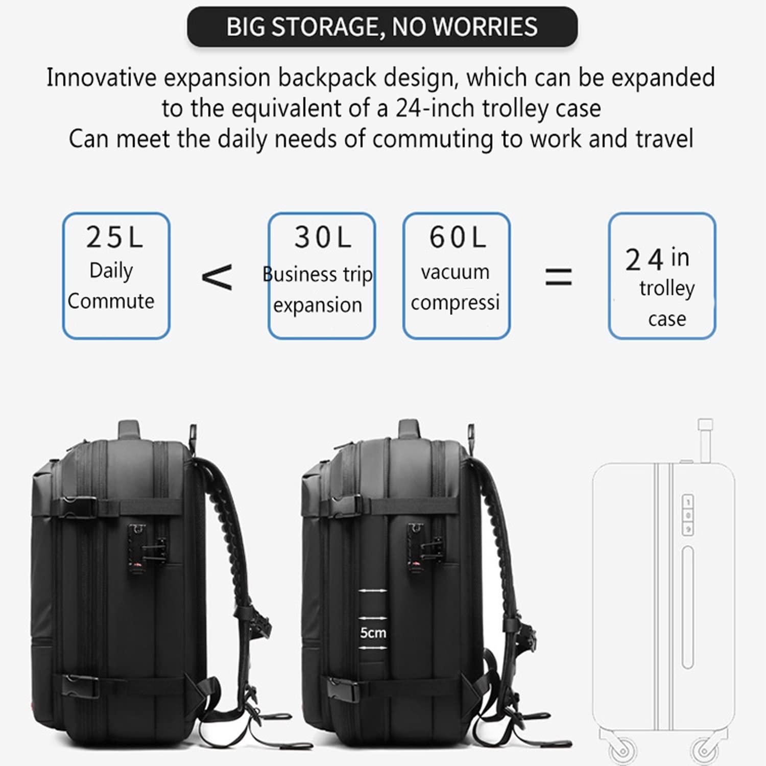 **19 Inch Expandable Laptop Backpack for Men - Large Capacity Vacuum Compression Travel Backpack with Dry/Wet Separation - Perfect for Business, Commuting & Outdoor Adventures (Black)**