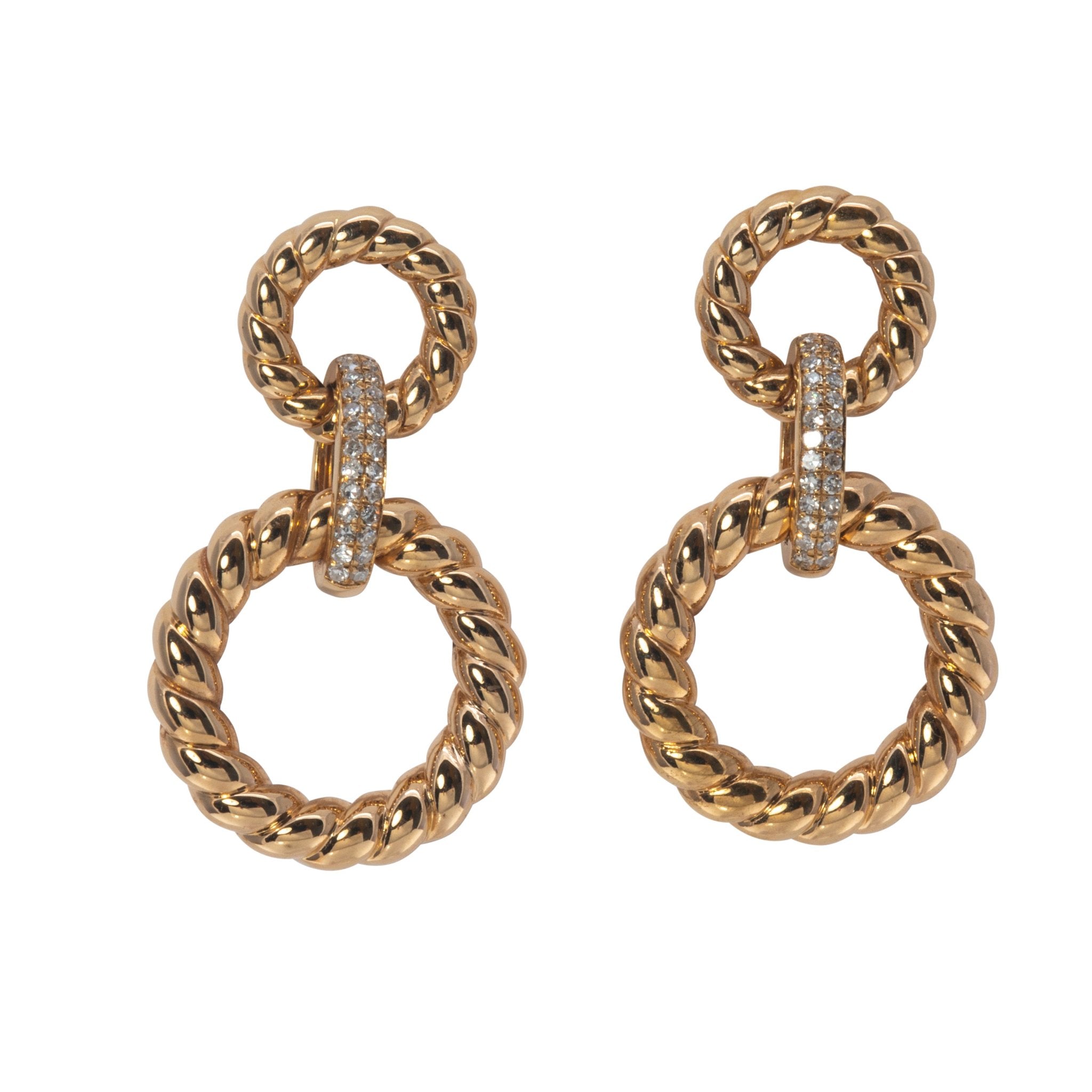 14K Gold Diamond Rope Circle Link Double Drop Earrings for Women - Elegant Dangling Jewelry for Parties, Weddings & Special Occasions