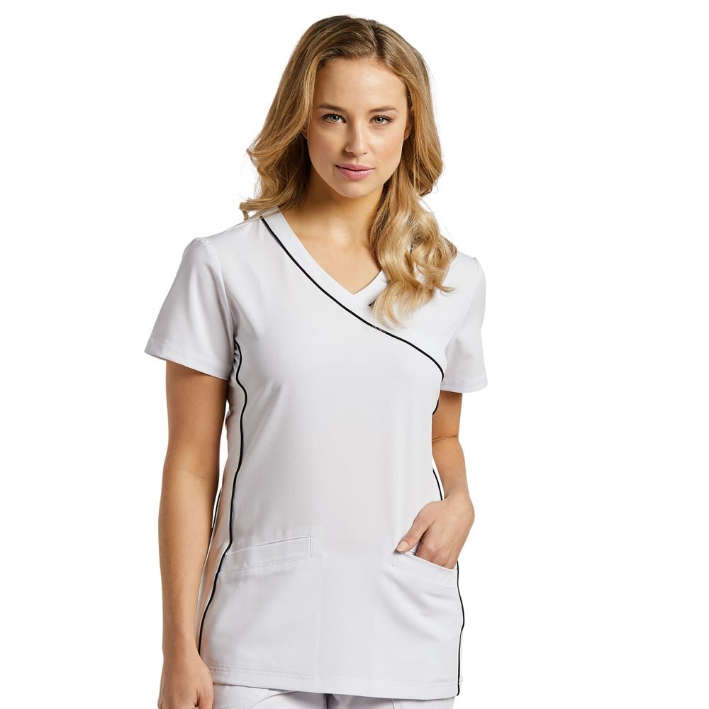 Marvella by White Cross Women's V-Neck Contrast Piping Solid Scrub Top - X-Small White | Comfortable Medical Uniform for Nurses & Healthcare Professionals | Perfect for Hospitals, Clinics & Long Shifts